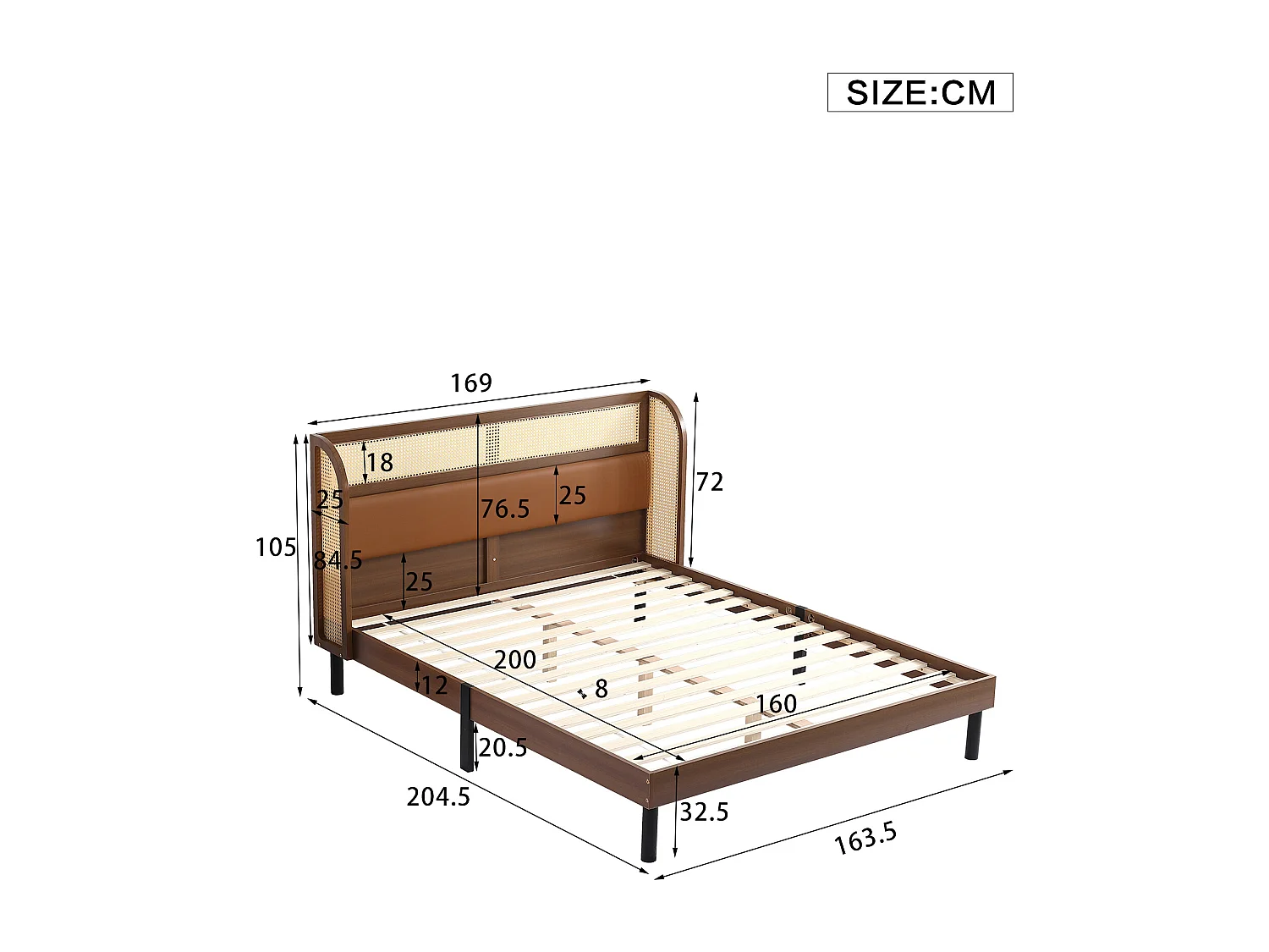 Cama de adulto 160x200cm, cama de casal em madeira de pinho + MDF, com estrado de ripas de madeira, e cabeceira de design em PVC + PU rattan, nogueira