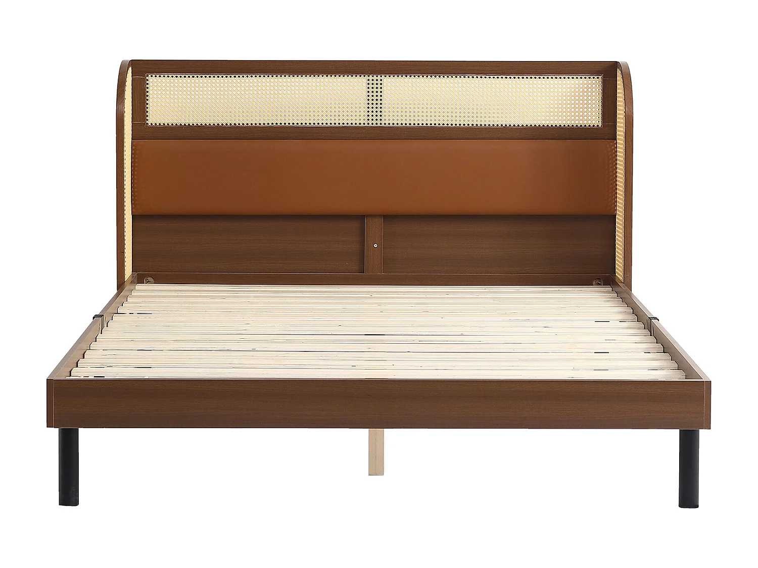 Cama de adulto 160x200cm, cama de casal em madeira de pinho + MDF, com estrado de ripas de madeira, e cabeceira de design em PVC + PU rattan, nogueira
