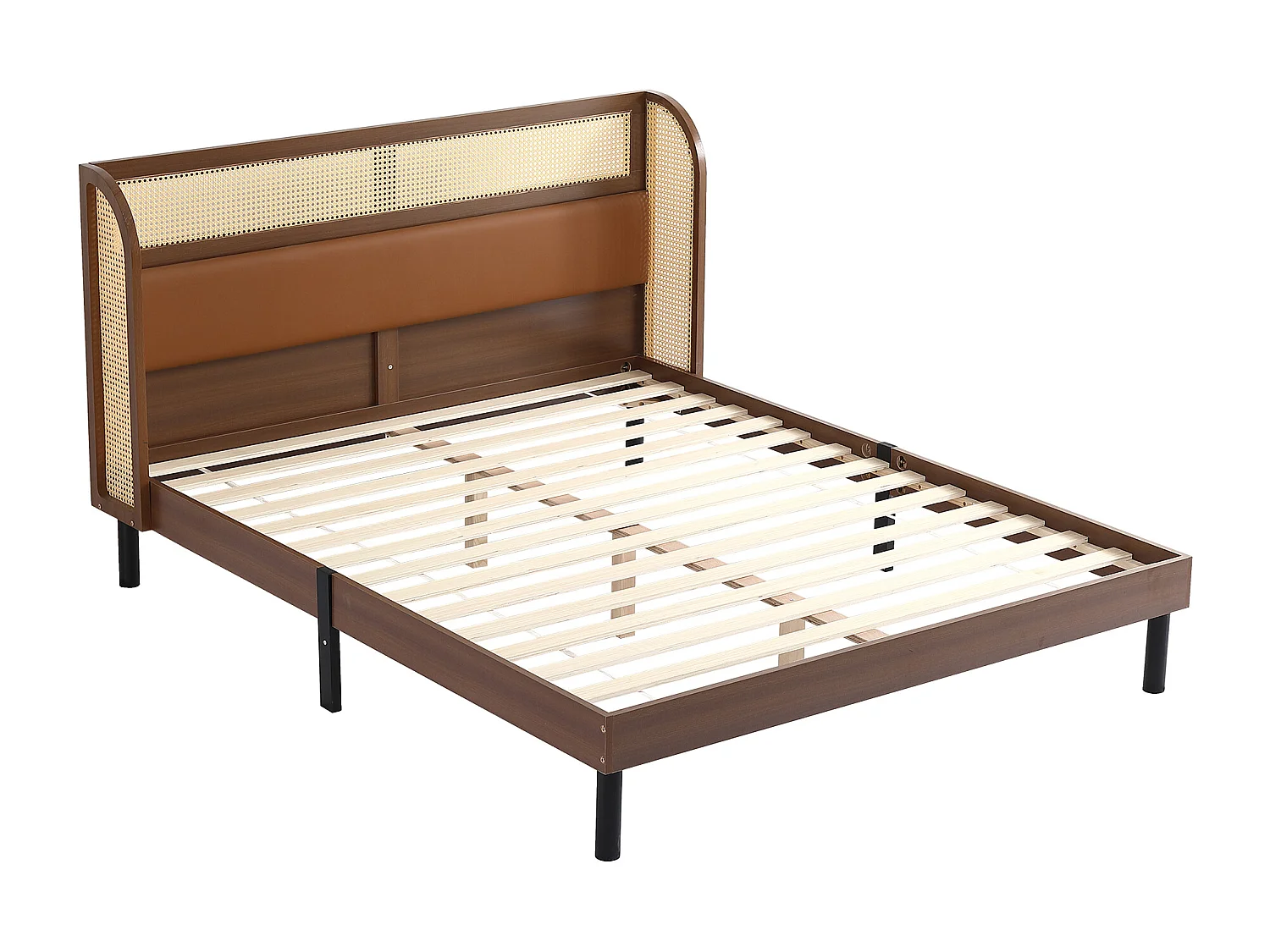 Cama de adulto 160x200cm, cama de casal em madeira de pinho + MDF, com estrado de ripas de madeira, e cabeceira de design em PVC + PU rattan, nogueira