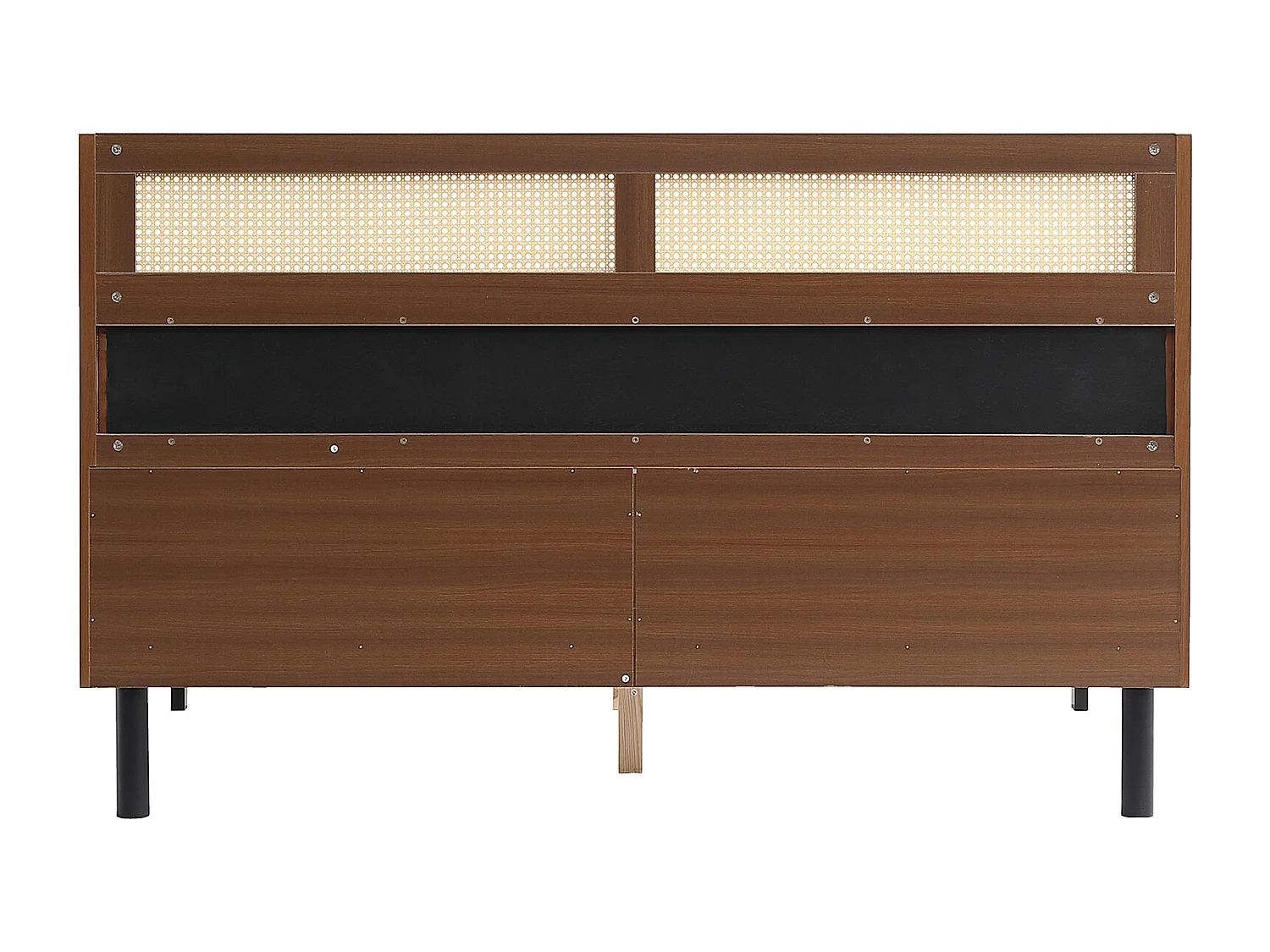 Cama de adulto 160x200cm, cama de casal em madeira de pinho + MDF, com estrado de ripas de madeira, e cabeceira de design em PVC + PU rattan, nogueira