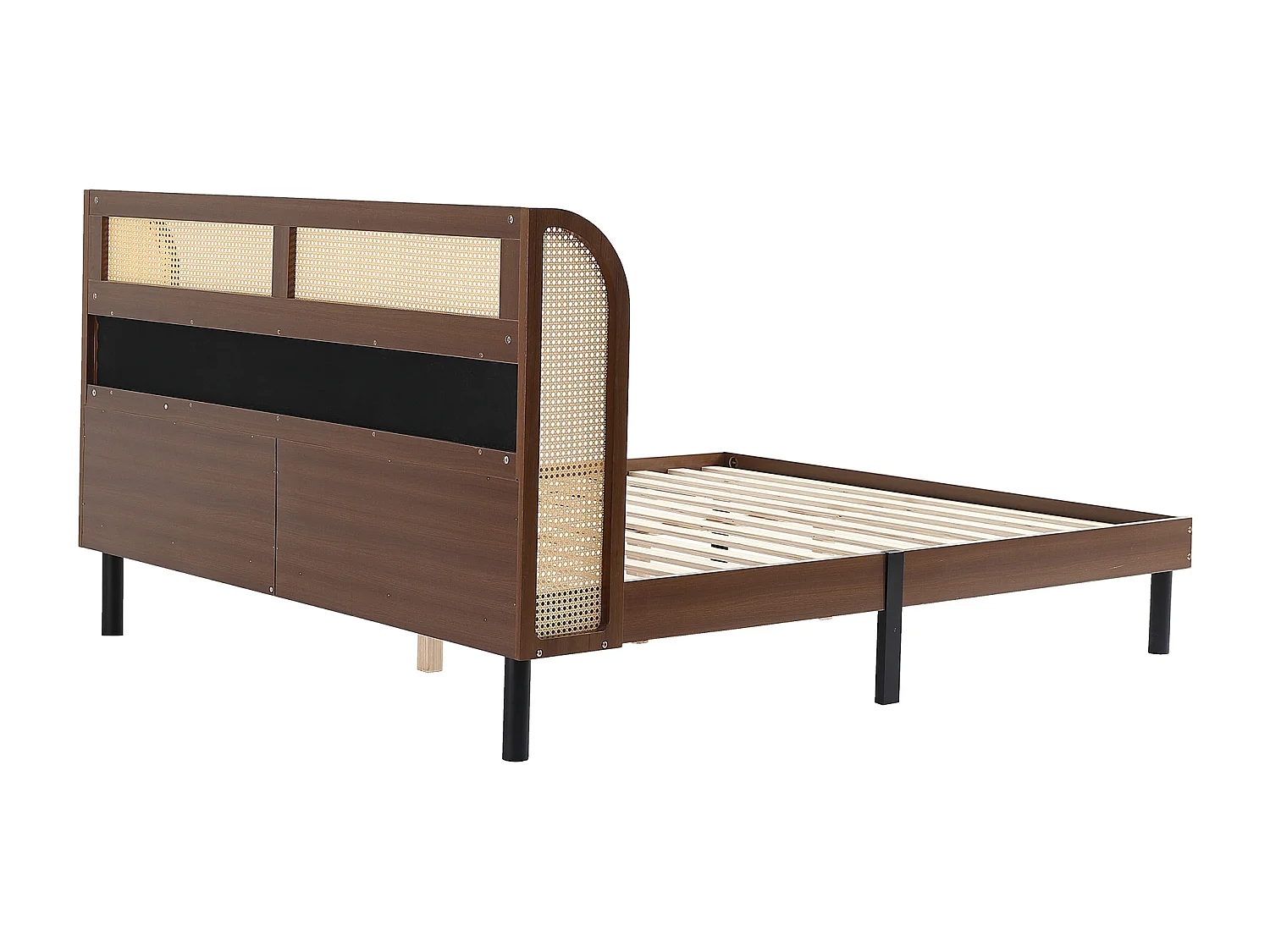 Cama de adulto 160x200cm, cama de casal em madeira de pinho + MDF, com estrado de ripas de madeira, e cabeceira de design em PVC + PU rattan, nogueira