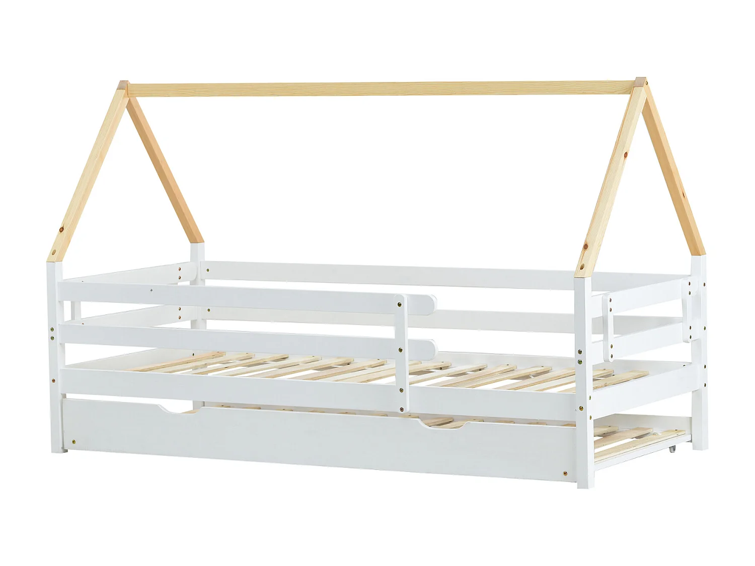 Lit cabane 90x200cm - lit enfant simple avec sommier à lattes et lit gigogne 90x200cm, sans matelas- blanc