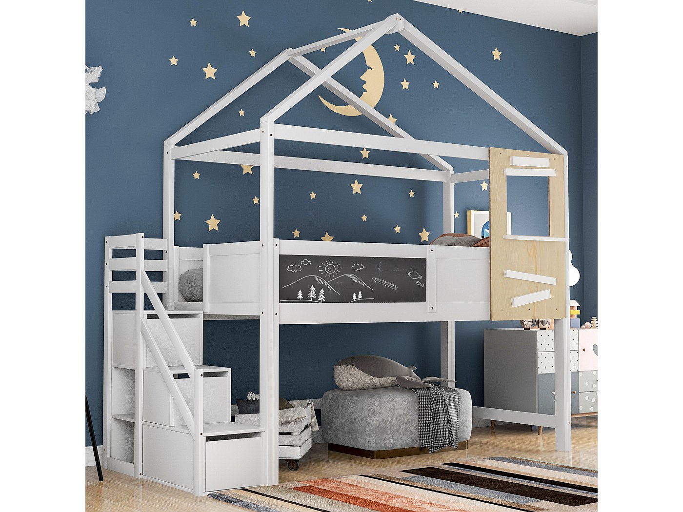 Lit superposé enfant 90x200+120x200cm avec barrière et escalier - trois