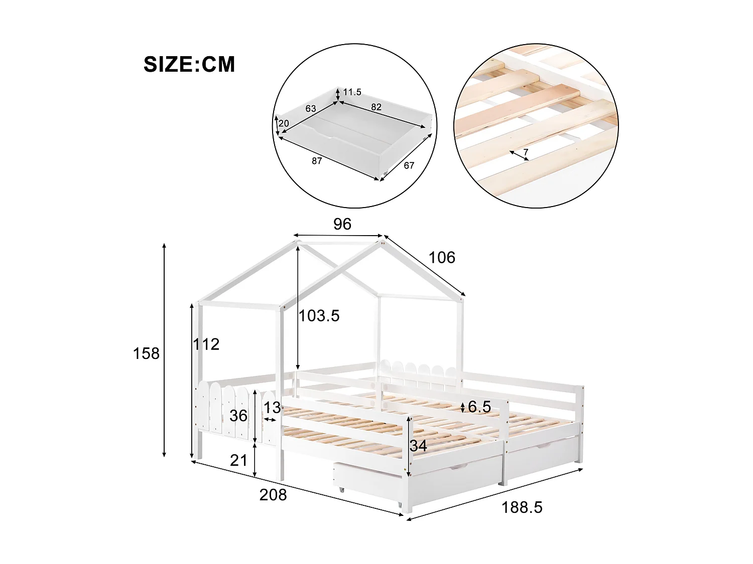 Cama de cabine infantil 200x90cm, cama de casal com 2 gavetas em MDF, gavetas com rodízios, estrado de ripas em pinho, branco