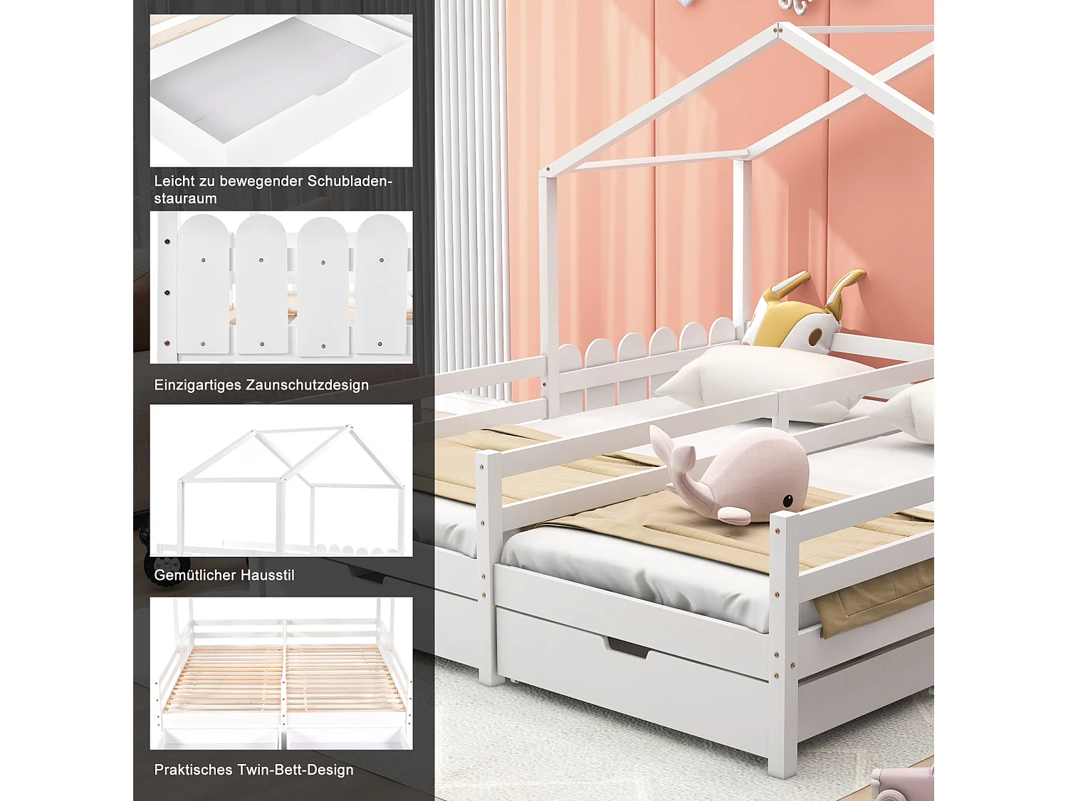 Cama de cabine infantil 200x90cm, cama de casal com 2 gavetas em MDF, gavetas com rodízios, estrado de ripas em pinho, branco