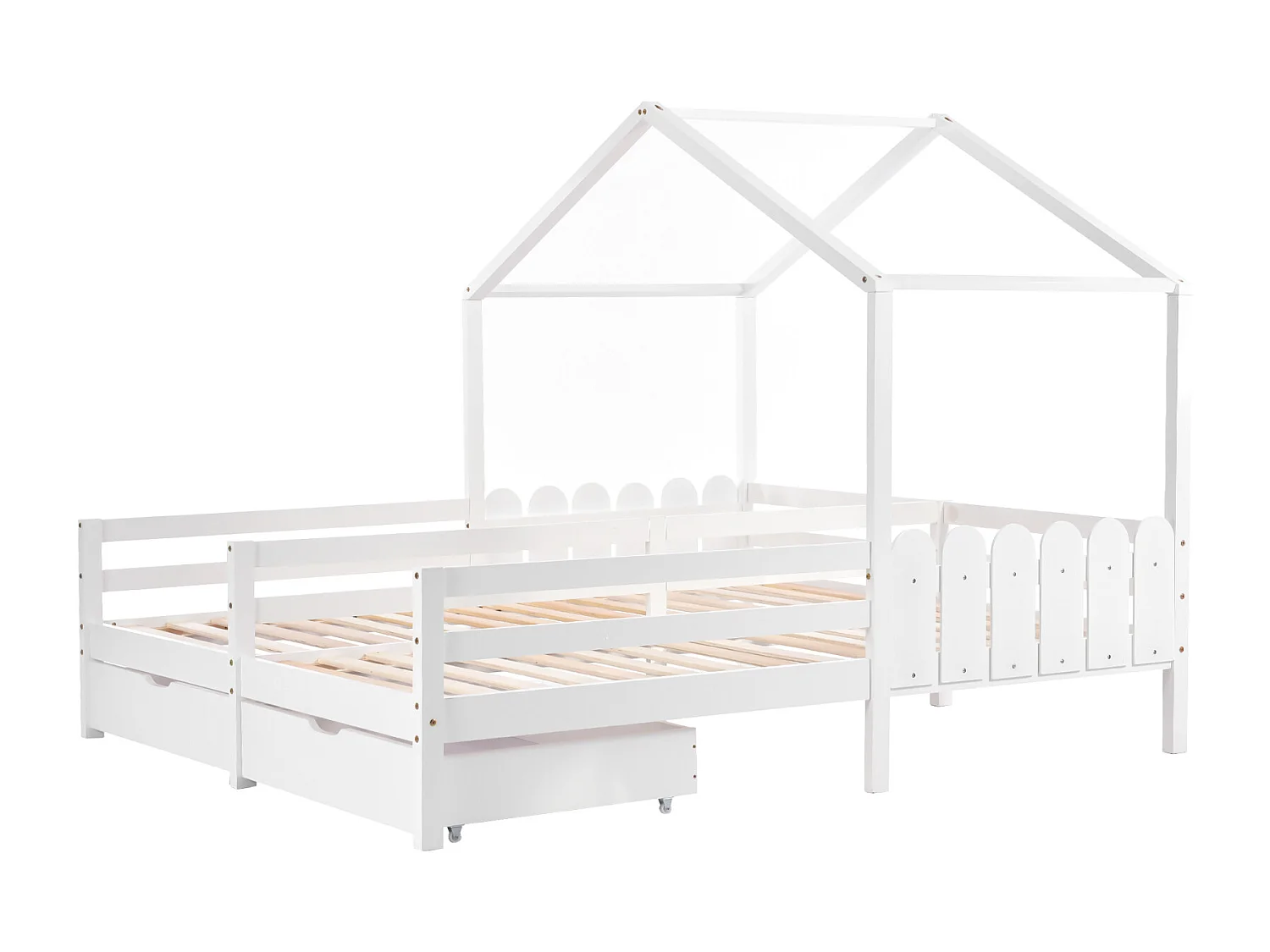 Cama de cabine infantil 200x90cm, cama de casal com 2 gavetas em MDF, gavetas com rodízios, estrado de ripas em pinho, branco