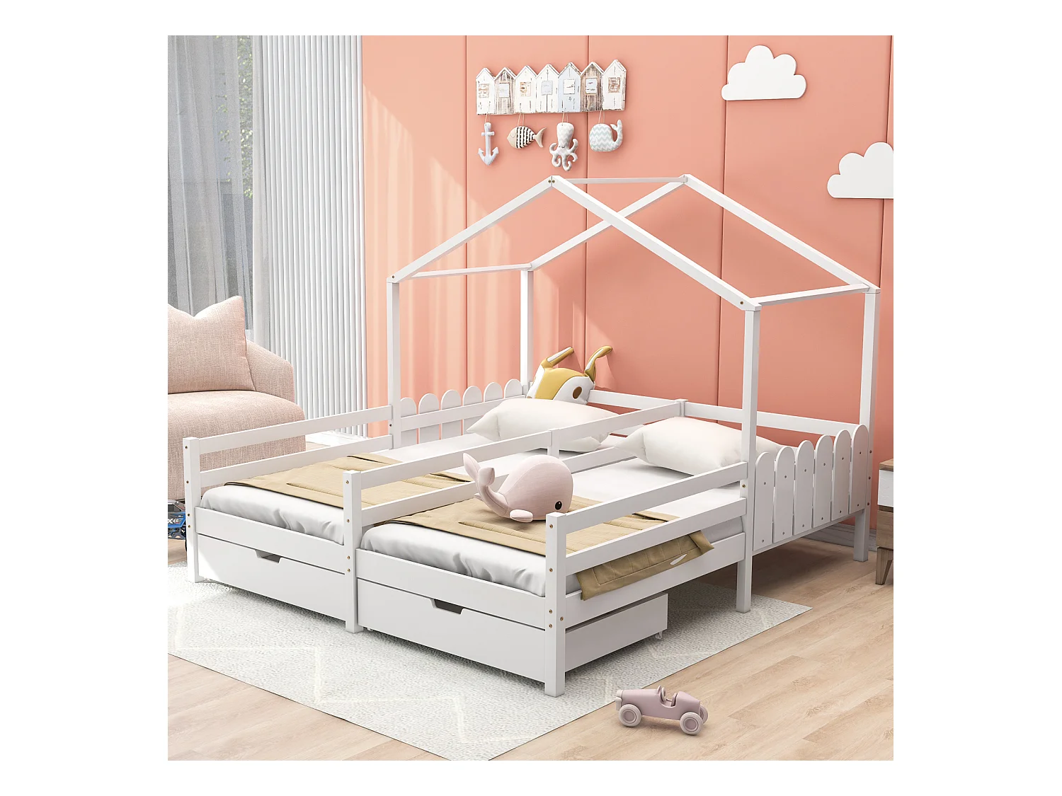 Lit cabane enfant 200x90cm, lit double avec 2 tiroirs en MDF, tiroirs sur roulettes, sommier à lattes en pin, blanc