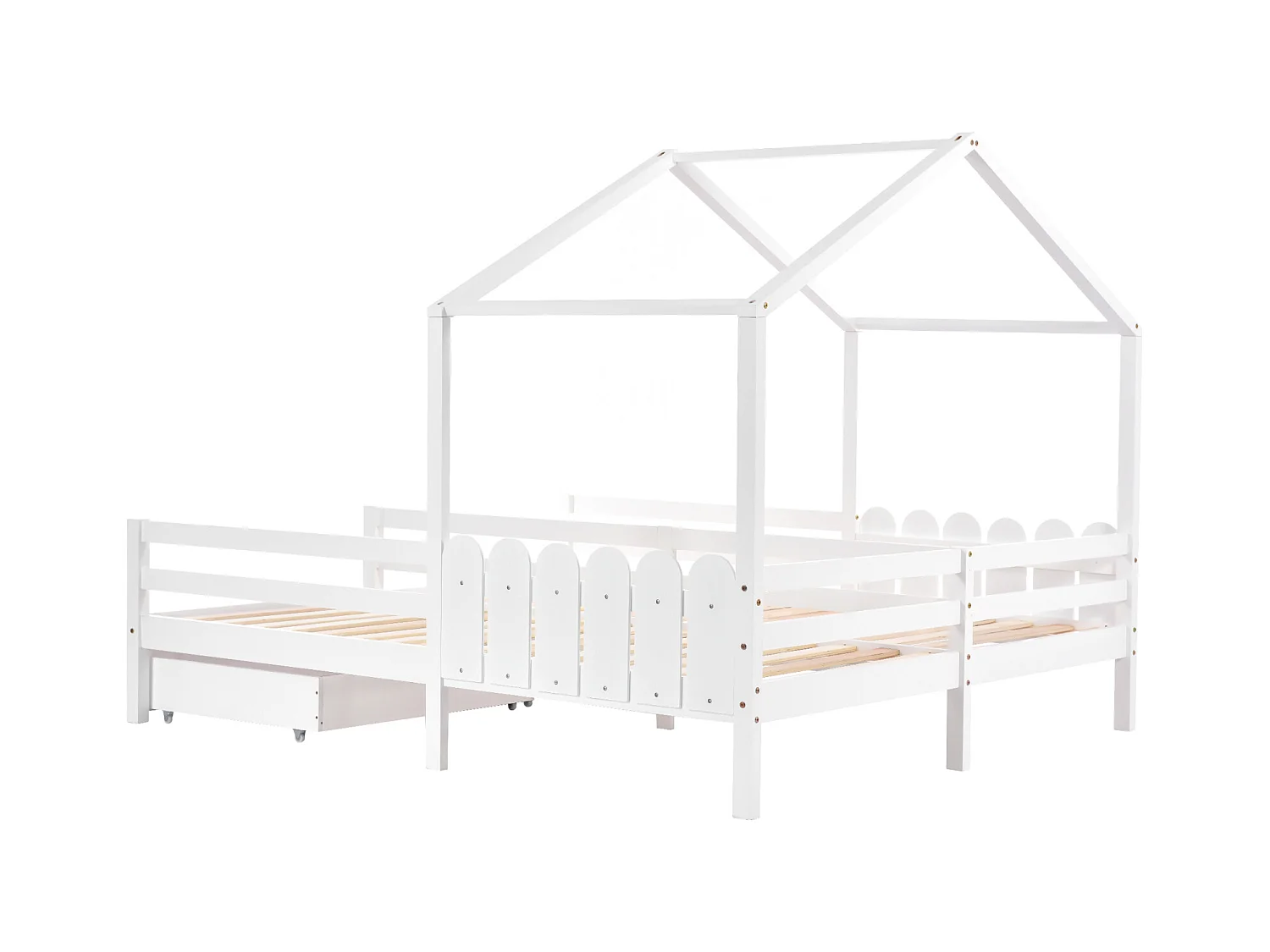Lit cabane enfant 200x90cm, lit double avec 2 tiroirs en MDF, tiroirs sur roulettes, sommier à lattes en pin, blanc