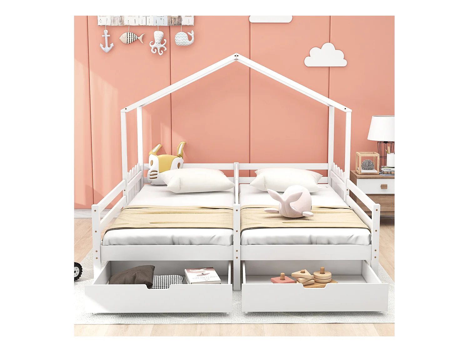 Lit cabane enfant 200x90cm, lit double avec 2 tiroirs en MDF, tiroirs sur roulettes, sommier à lattes en pin, blanc