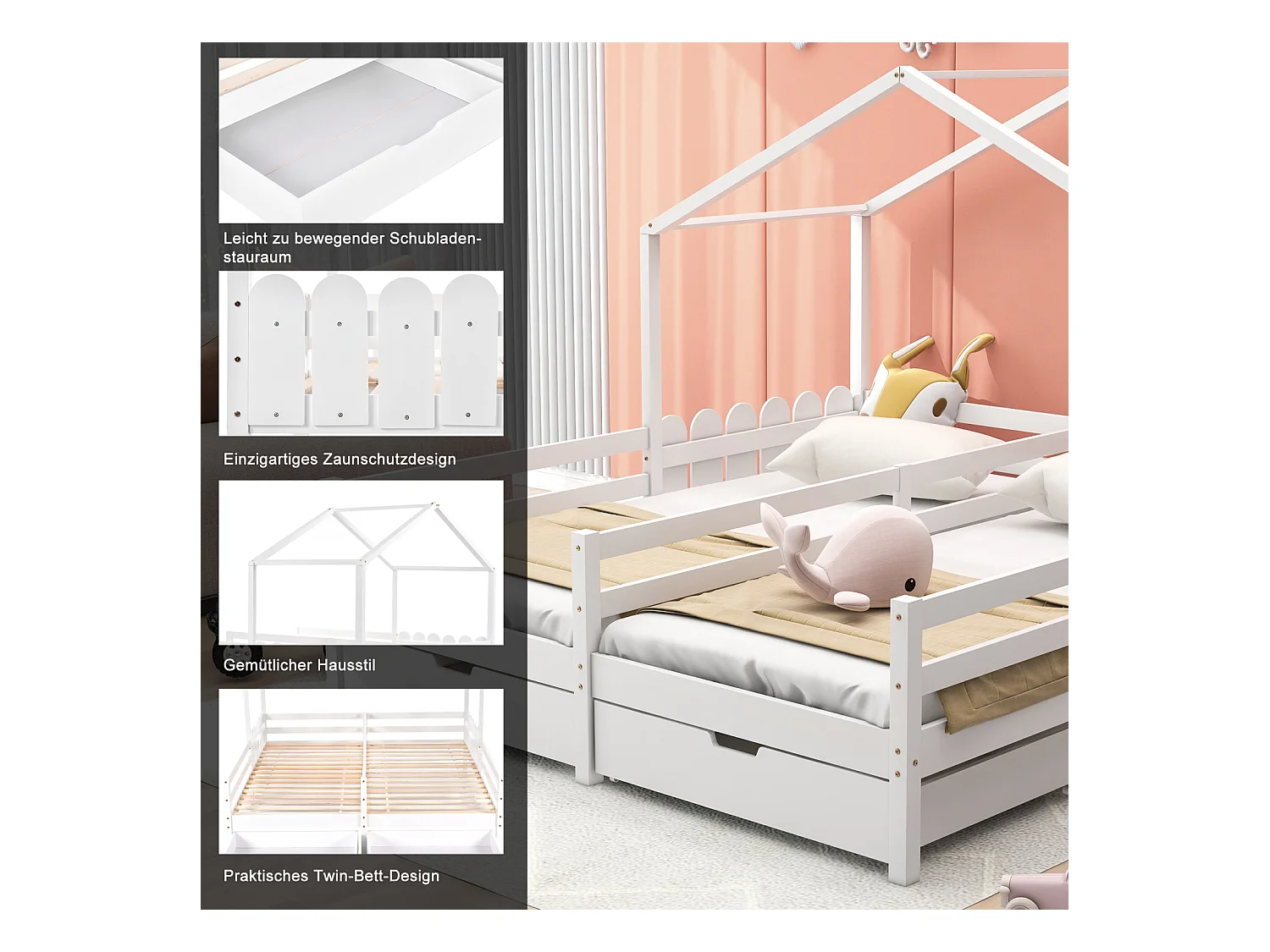 Lit cabane enfant 200x90cm, lit double avec 2 tiroirs en MDF, tiroirs sur roulettes, sommier à lattes en pin, blanc