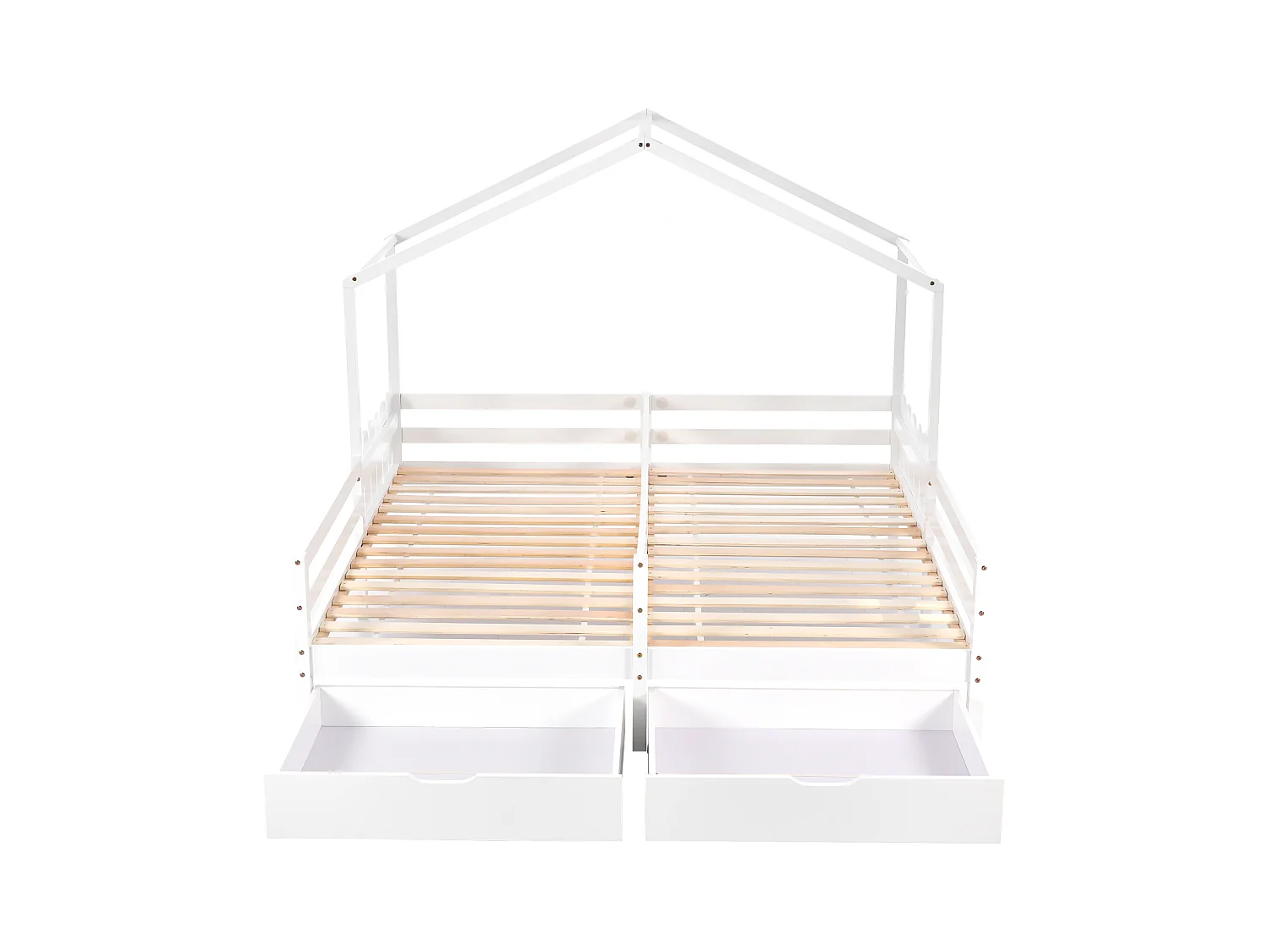 Lit cabane enfant 200x90cm, lit double avec 2 tiroirs en MDF, tiroirs sur roulettes, sommier à lattes en pin, blanc