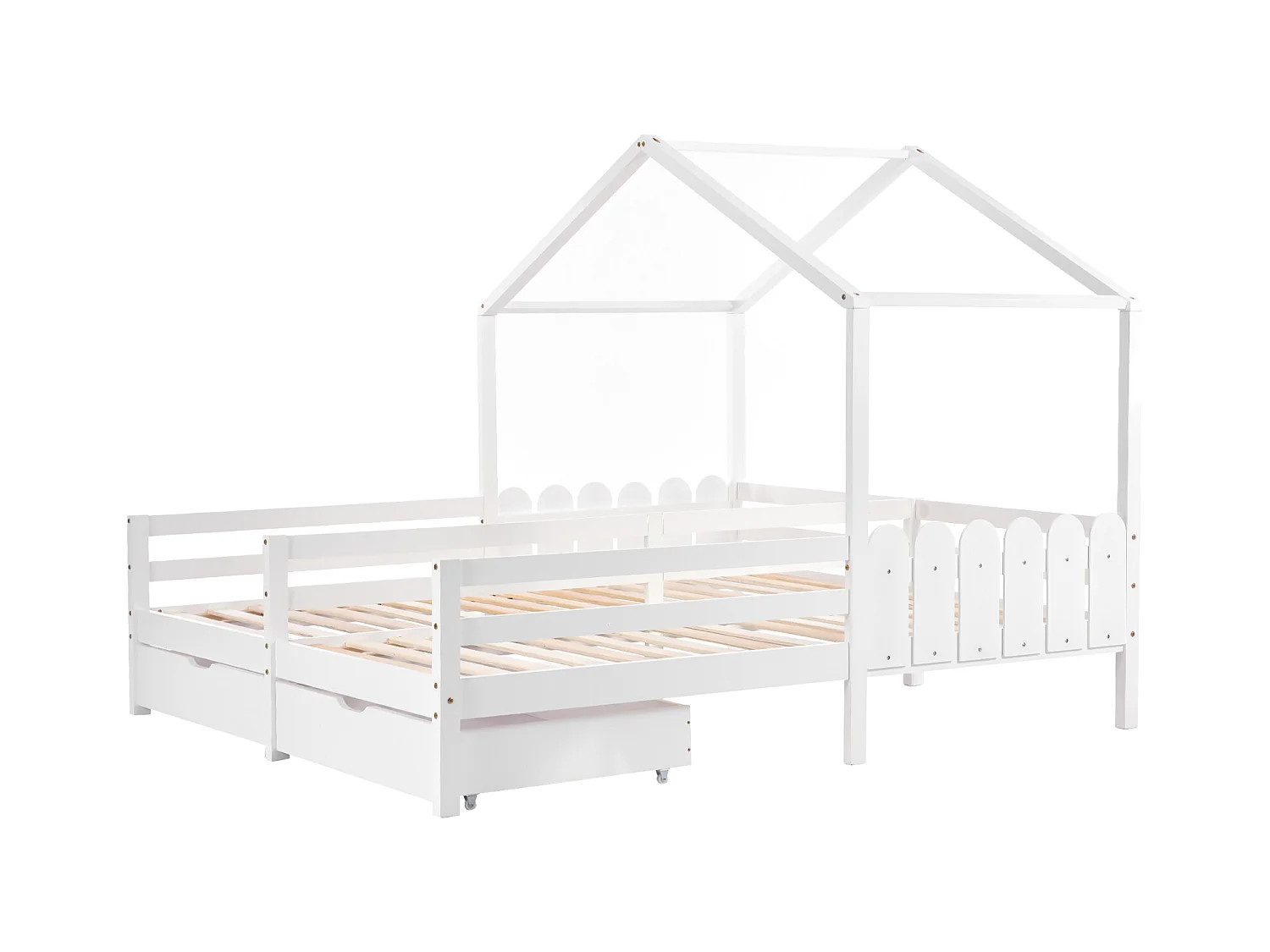 Lit cabane enfant 200x90cm, lit double avec 2 tiroirs en MDF, tiroirs sur roulettes, sommier à lattes en pin, blanc
