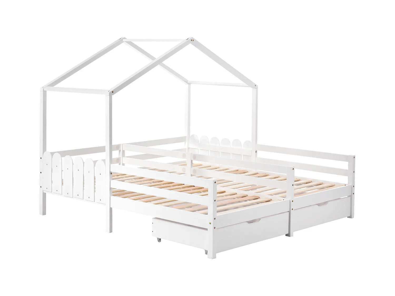 Lit cabane enfant 200x90cm, lit double avec 2 tiroirs en MDF, tiroirs sur roulettes, sommier à lattes en pin, blanc