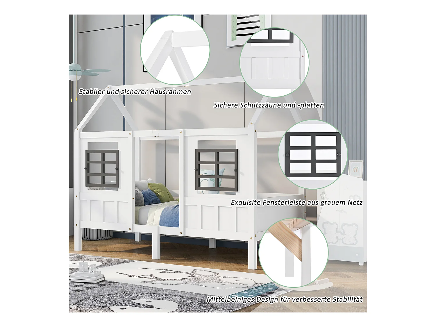 Cabinebed 90x200cm - Pine Frame House Bed MDF Eenpersoonsbed Dagbed met 2 Ramen - Wit Kinderbed