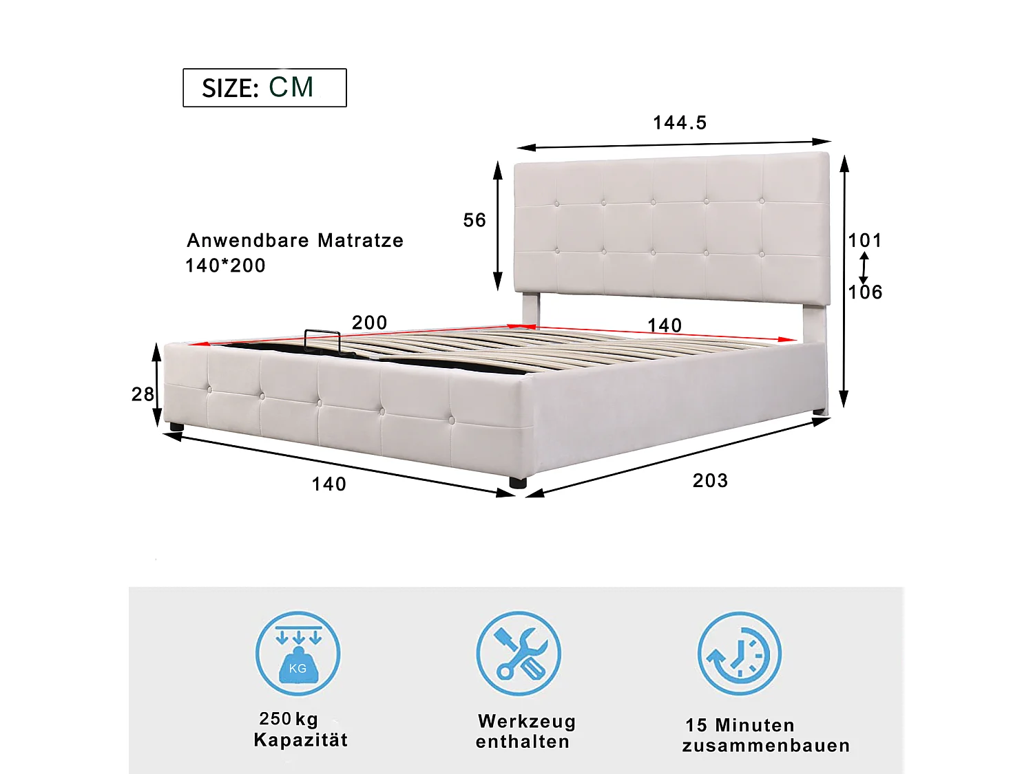 Lit coffre double 140x200 cm - avec tête de lit inclinable, structure métallique, sommier à lattes, lit capitonné velours - Blanc