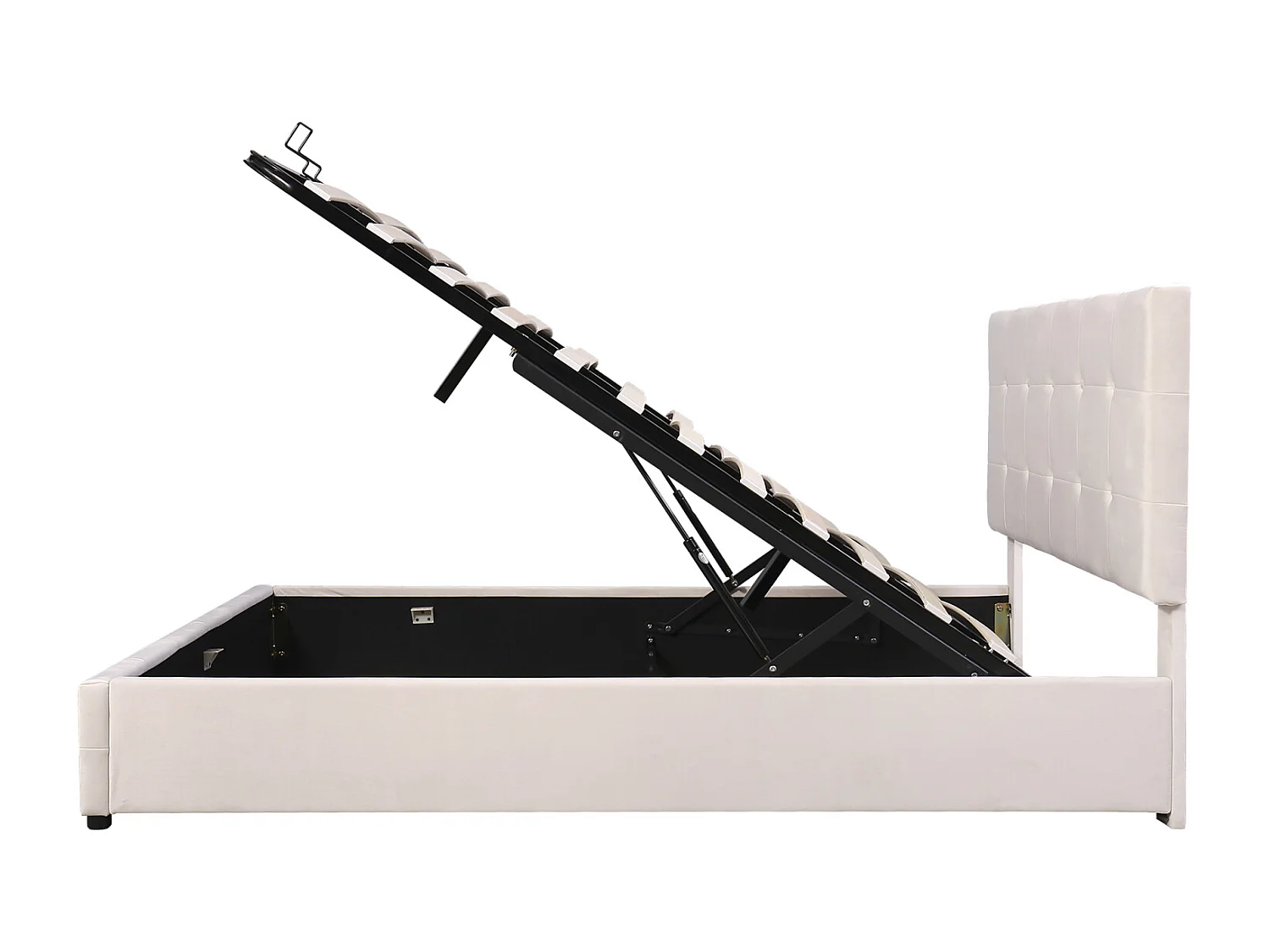 Lit coffre double 140x200 cm - avec tête de lit inclinable, structure métallique, sommier à lattes, lit capitonné velours - Blanc