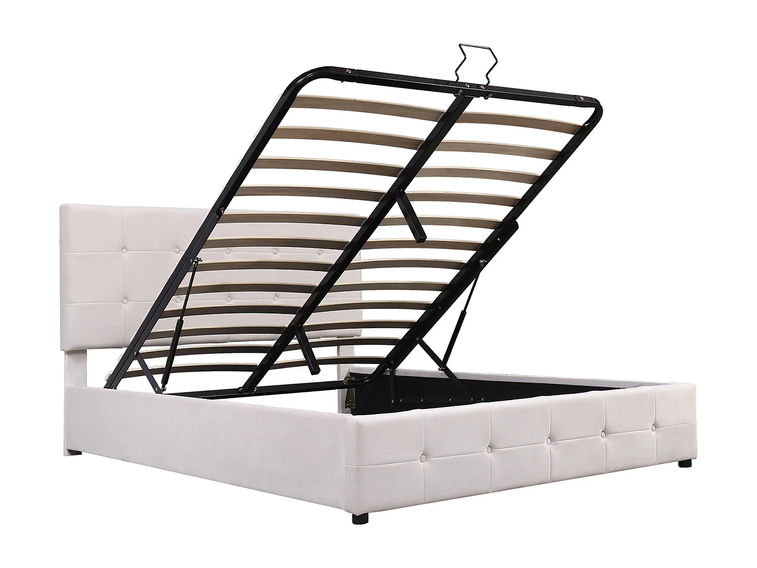 Lit coffre double 140x200 cm - avec tête de lit inclinable, structure métallique, sommier à lattes, lit capitonné velours - Blanc