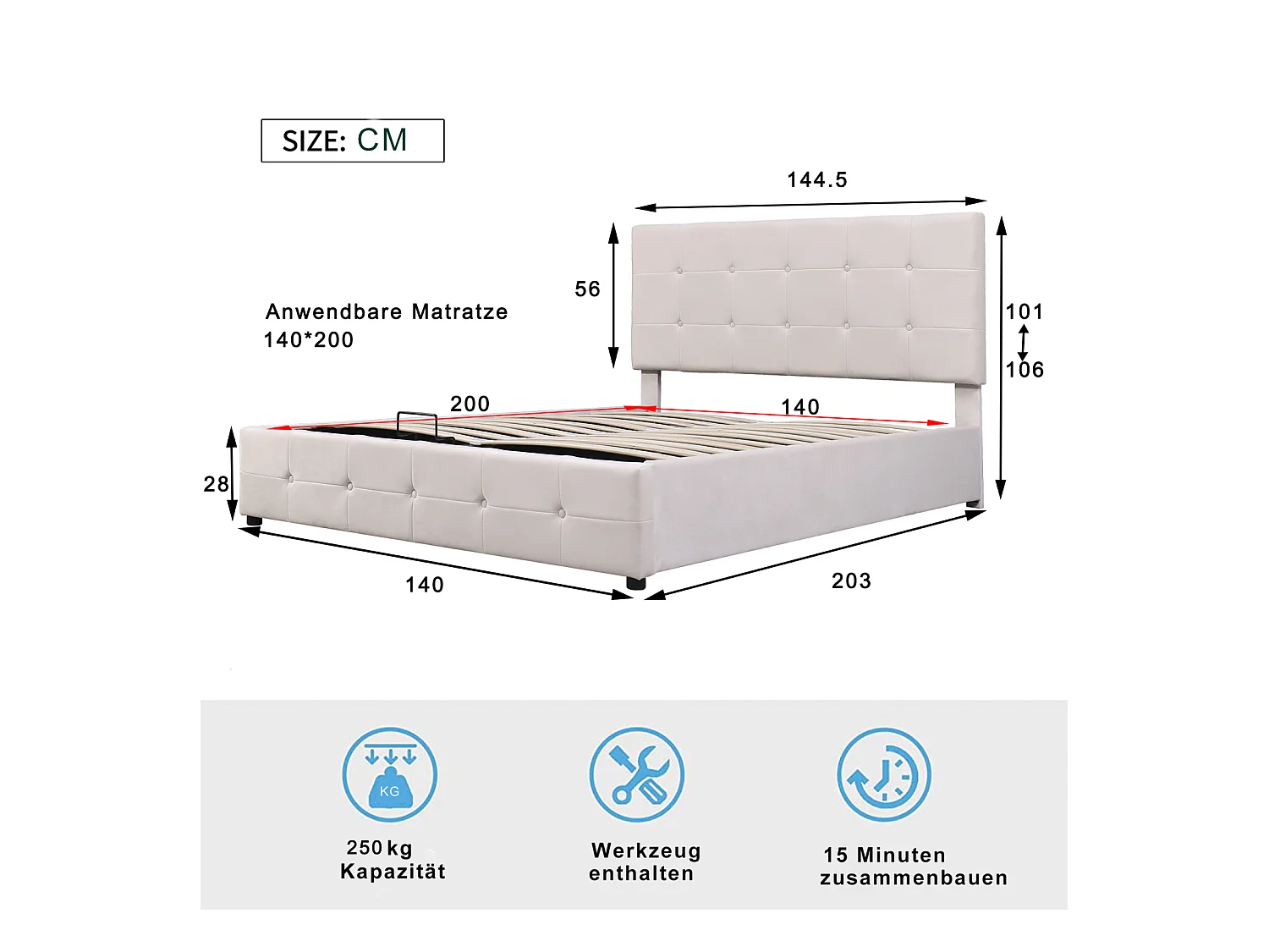 Tweepersoonsbed met opbergruimte 140x200 cm - met kantelbaar hoofdeinde, metalen structuur, lattenbodem, fluwelen gestoffeerd bed - Wit