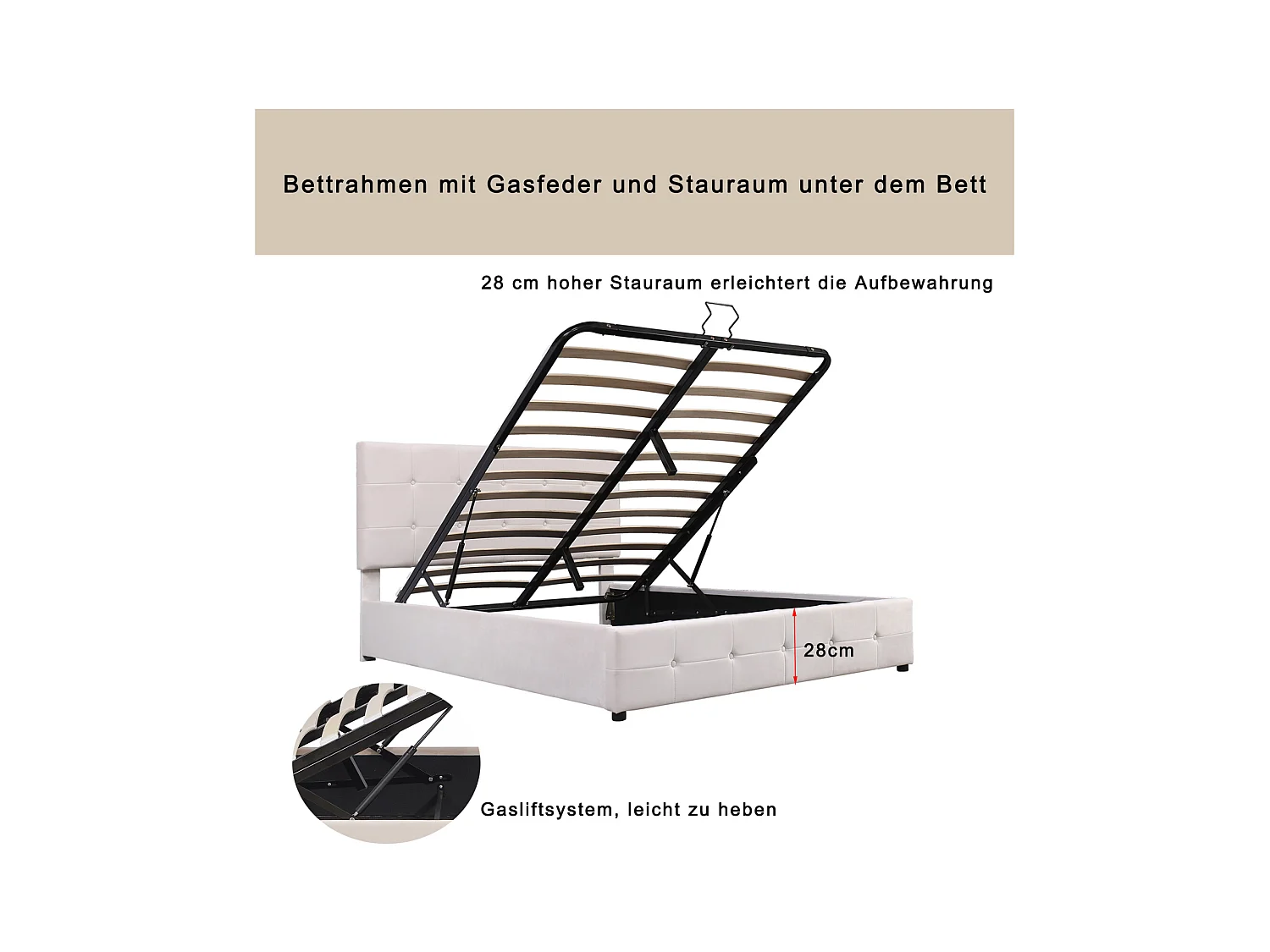 Tweepersoonsbed met opbergruimte 140x200 cm - met kantelbaar hoofdeinde, metalen structuur, lattenbodem, fluwelen gestoffeerd bed - Wit