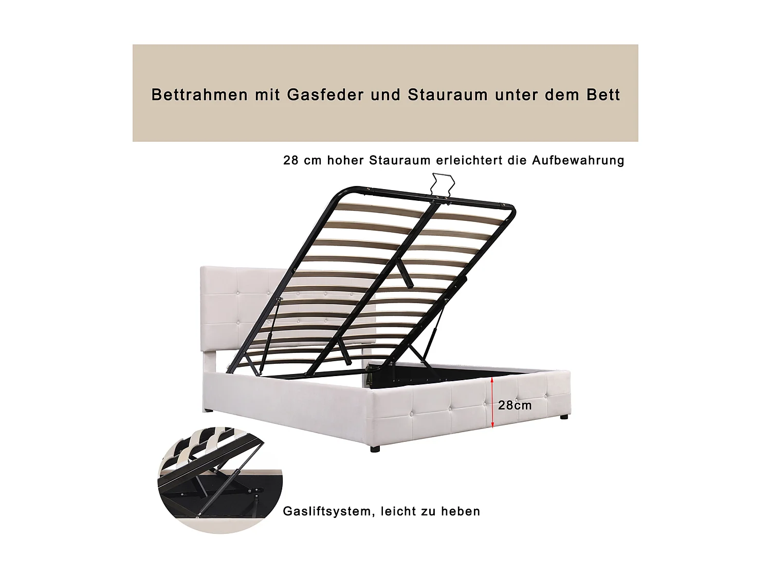 Tweepersoonsbed met opbergruimte 140x200 cm - met kantelbaar hoofdeinde, metalen structuur, lattenbodem, fluwelen gestoffeerd bed - Wit