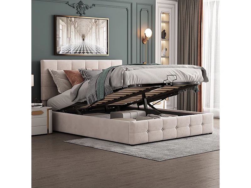 Lit coffre double 140x200 cm - avec tête de lit inclinable, structure métallique, sommier à lattes, lit capitonné velours - Blanc