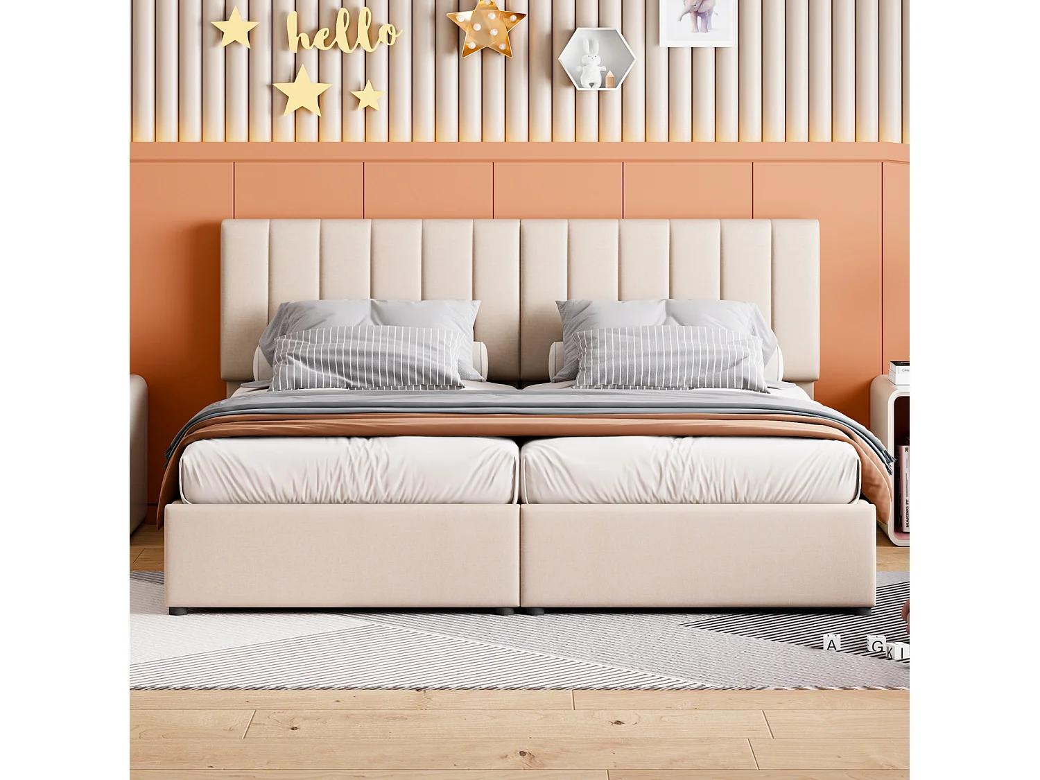 Lit coffre 180x200cm, avec hydraulique avec espace de rangement, Tête de lit ajustable, sommier à lattes en bois, lit double capitonné en lin - Beige