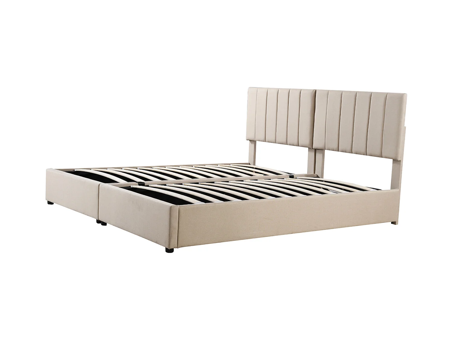 Lit coffre 180x200cm, avec hydraulique avec espace de rangement, Tête de lit ajustable, sommier à lattes en bois, lit double capitonné en lin - Beige