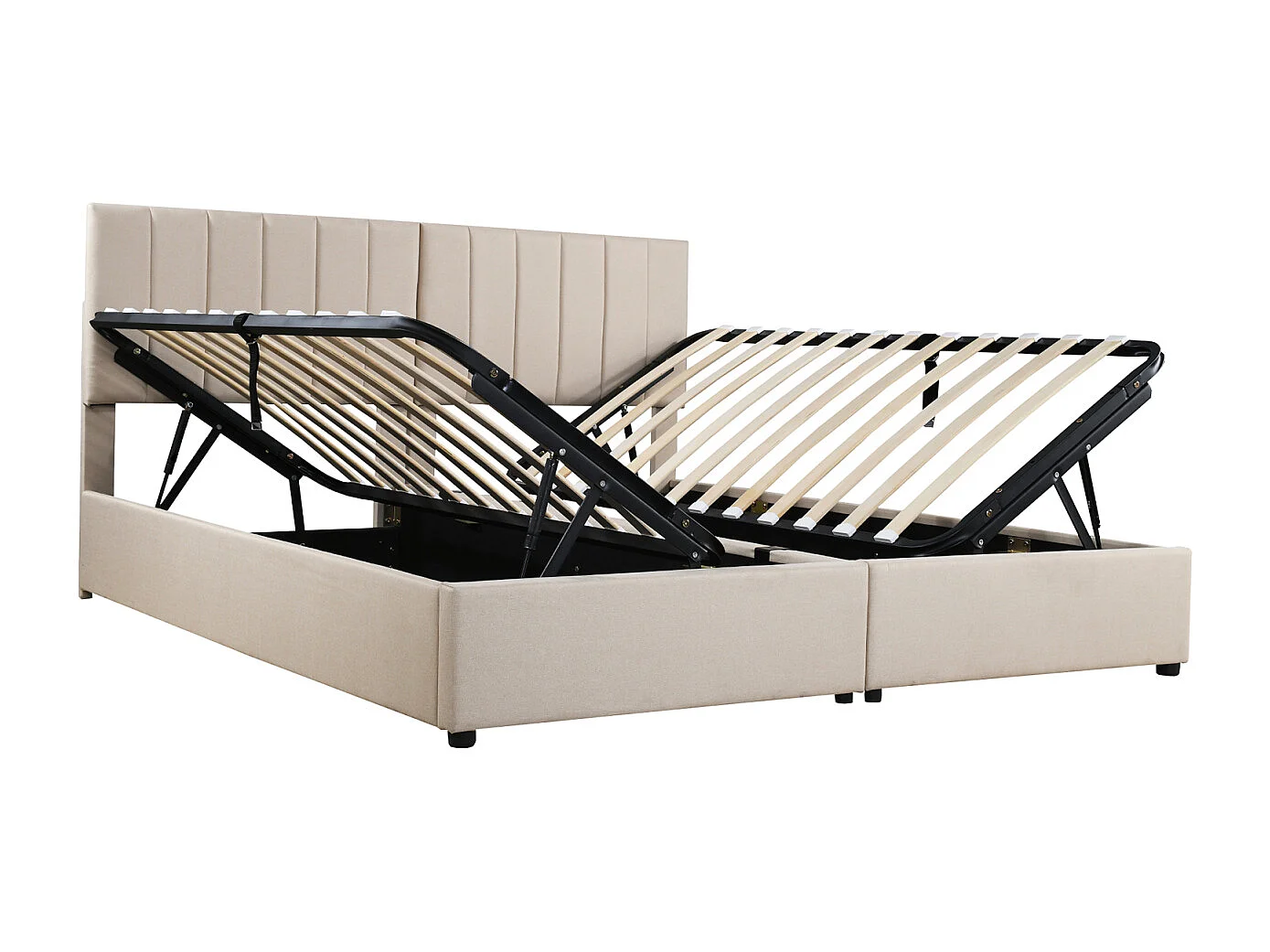 Lit coffre 180x200cm, avec hydraulique avec espace de rangement, Tête de lit ajustable, sommier à lattes en bois, lit double capitonné en lin - Beige