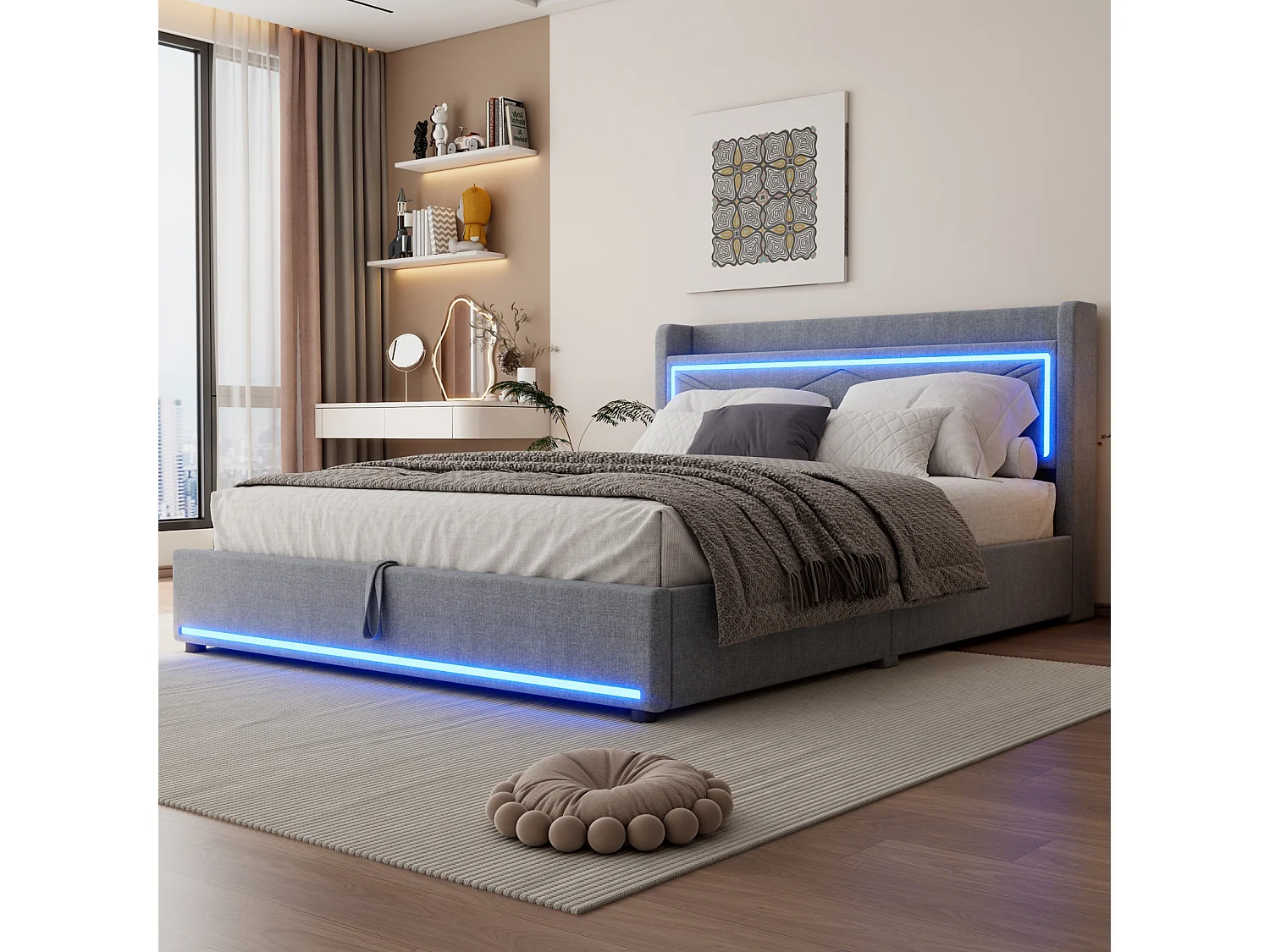 Gestoffeerd opbergbed met LED, lattenbodem en hoofdbord met USB-aansluiting, linnen, grijs 160x200cm