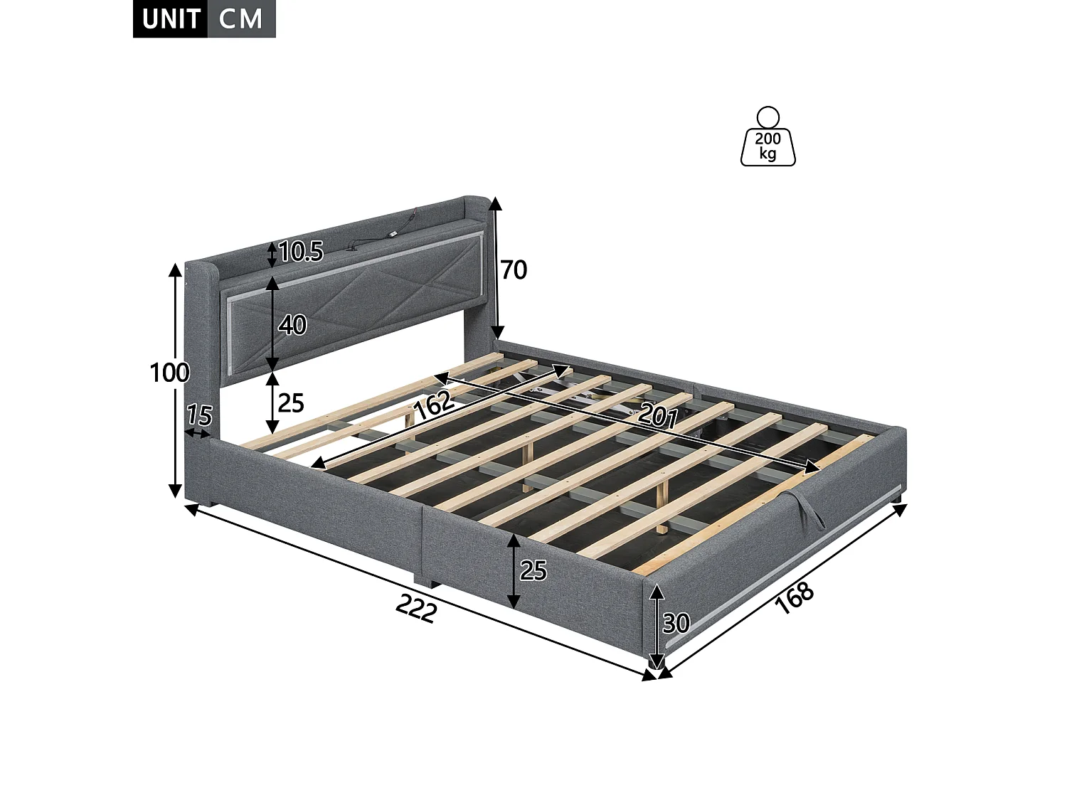 Gestoffeerd opbergbed met LED, lattenbodem en hoofdbord met USB-aansluiting, linnen, grijs 160x200cm