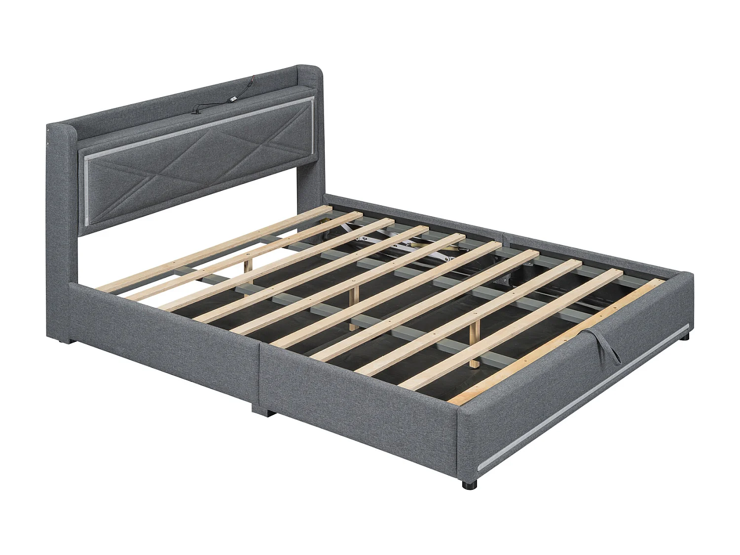Gestoffeerd opbergbed met LED, lattenbodem en hoofdbord met USB-aansluiting, linnen, grijs 160x200cm