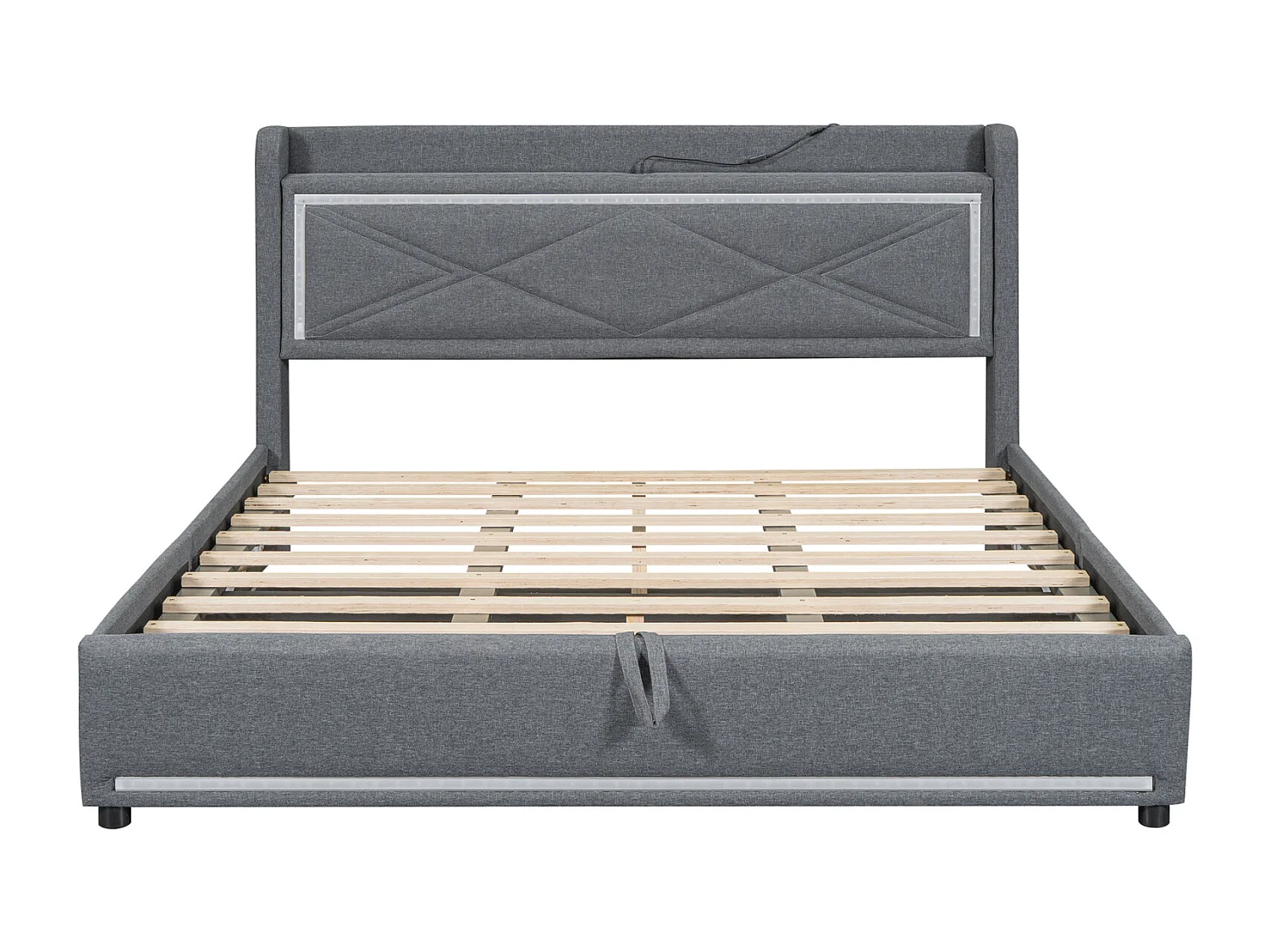 Gestoffeerd opbergbed met LED, lattenbodem en hoofdbord met USB-aansluiting, linnen, grijs 160x200cm