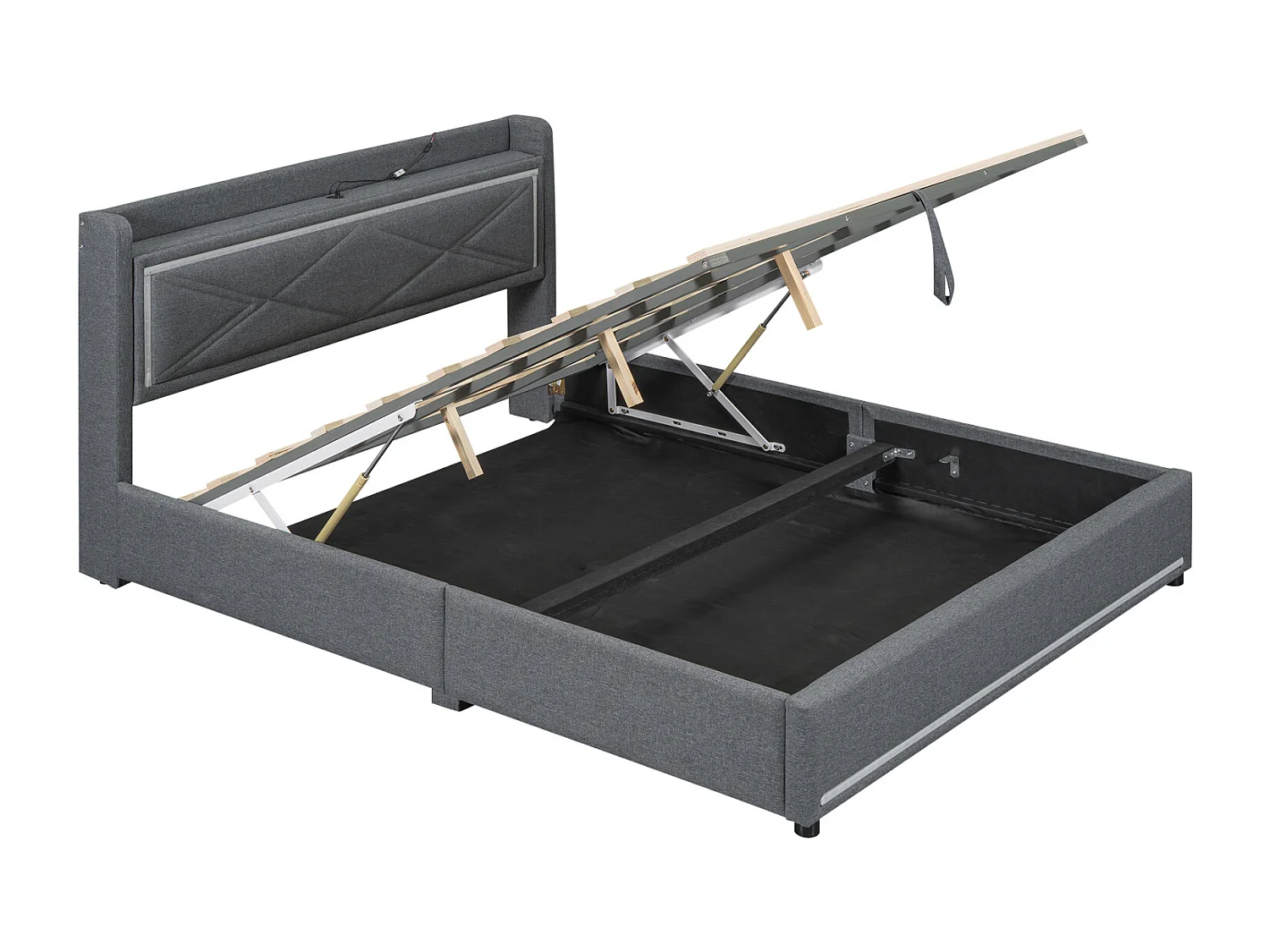 Gestoffeerd opbergbed met LED, lattenbodem en hoofdbord met USB-aansluiting, linnen, grijs 160x200cm