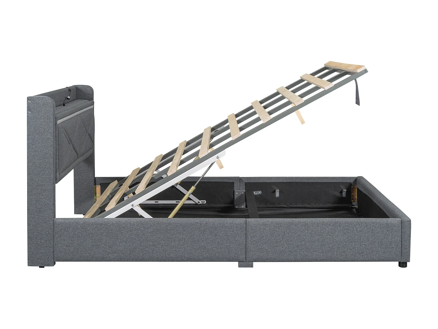 Gestoffeerd opbergbed met LED, lattenbodem en hoofdbord met USB-aansluiting, linnen, grijs 160x200cm