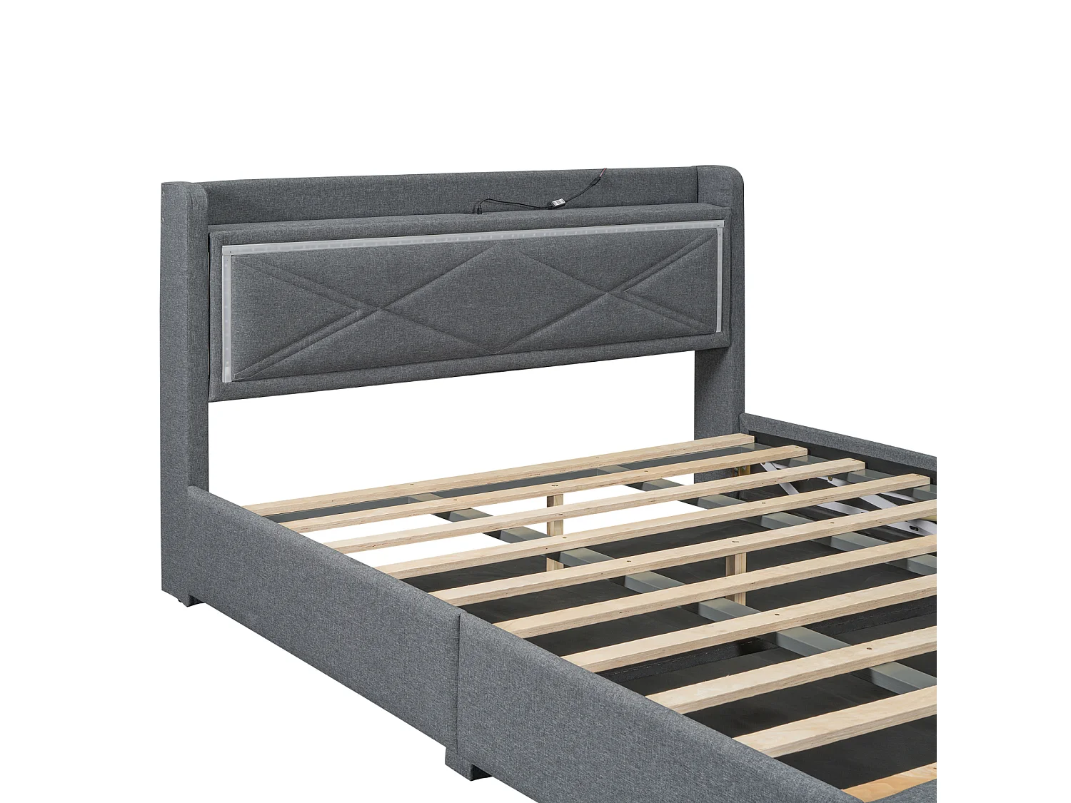 Gestoffeerd opbergbed met LED, lattenbodem en hoofdbord met USB-aansluiting, linnen, grijs 160x200cm