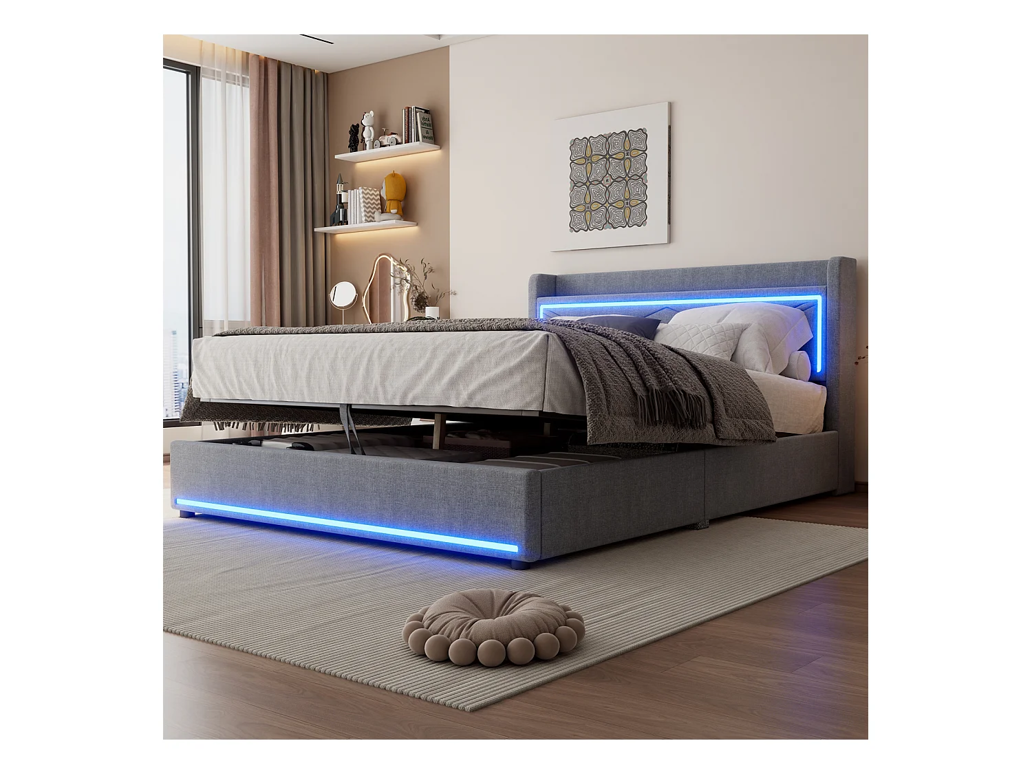 Lit coffre capitonné avec LED, sommier à lattes et tête de lit avec port USB, lin, gris 160x200cm