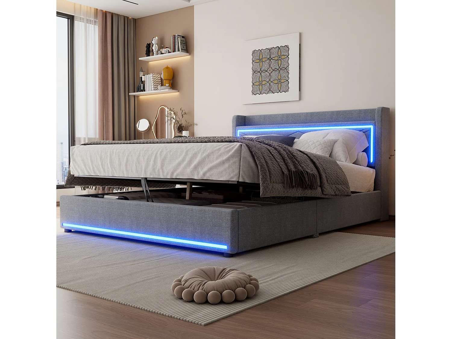 Lit coffre capitonné avec LED, sommier à lattes et tête de lit avec port USB, lin, gris 160x200cm