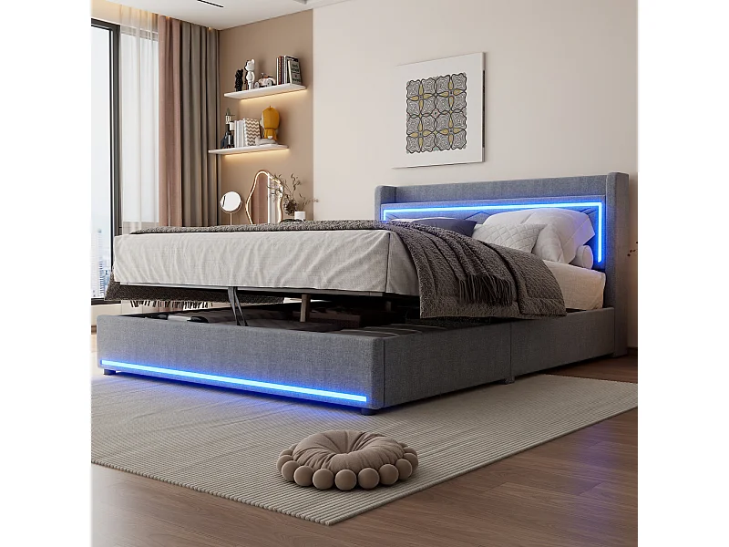 Lit coffre capitonné avec LED, sommier à lattes et tête de lit avec port USB, lin, gris 160x200cm