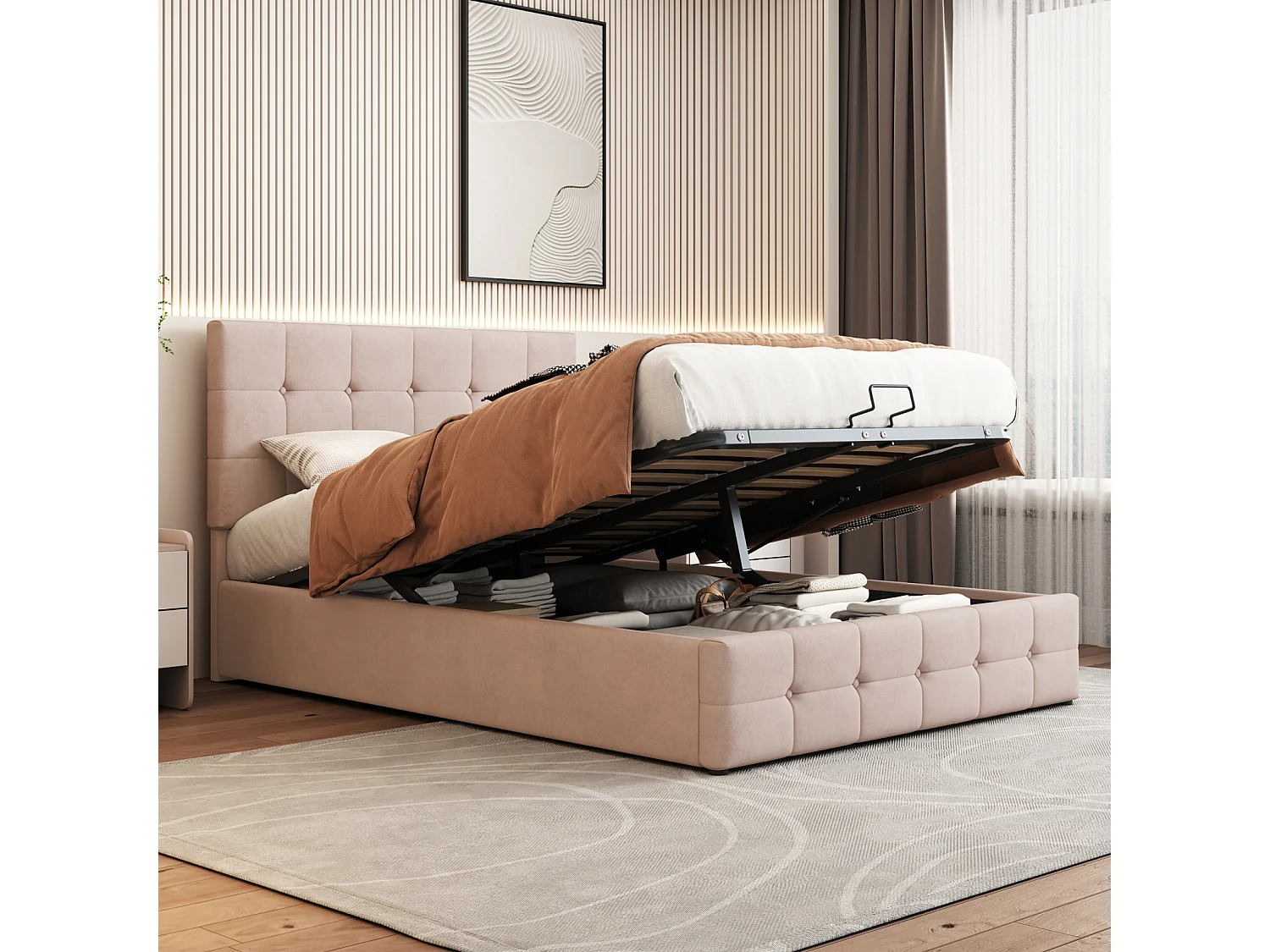 Tweepersoonsbed met opbergruimte 140x200 cm - met kantelbaar hoofdeinde, metalen frame, lattenbodem, fluwelen gestoffeerd bed - Beige