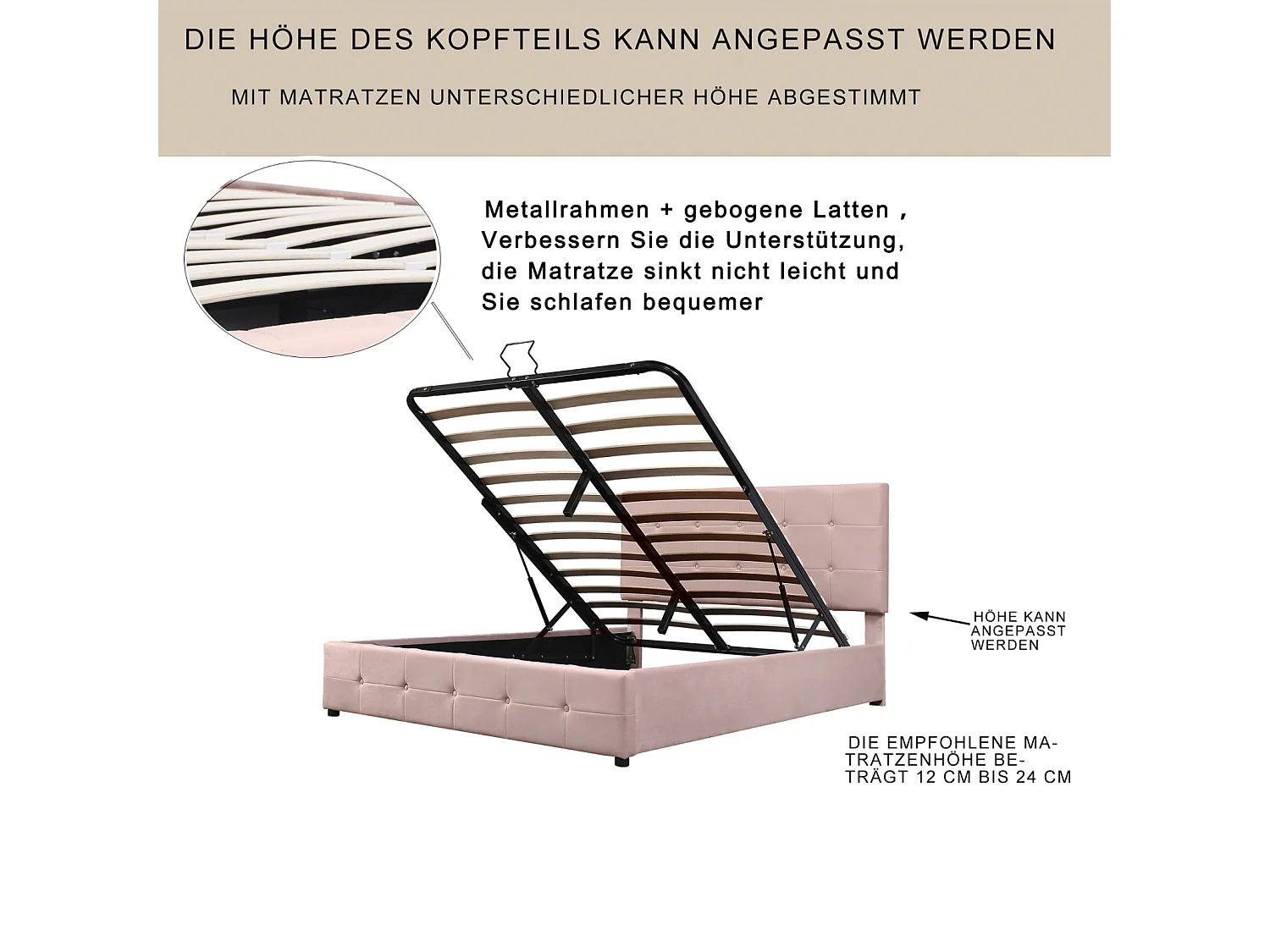 Tweepersoonsbed met opbergruimte 140x200 cm - met kantelbaar hoofdeinde, metalen frame, lattenbodem, fluwelen gestoffeerd bed - Beige