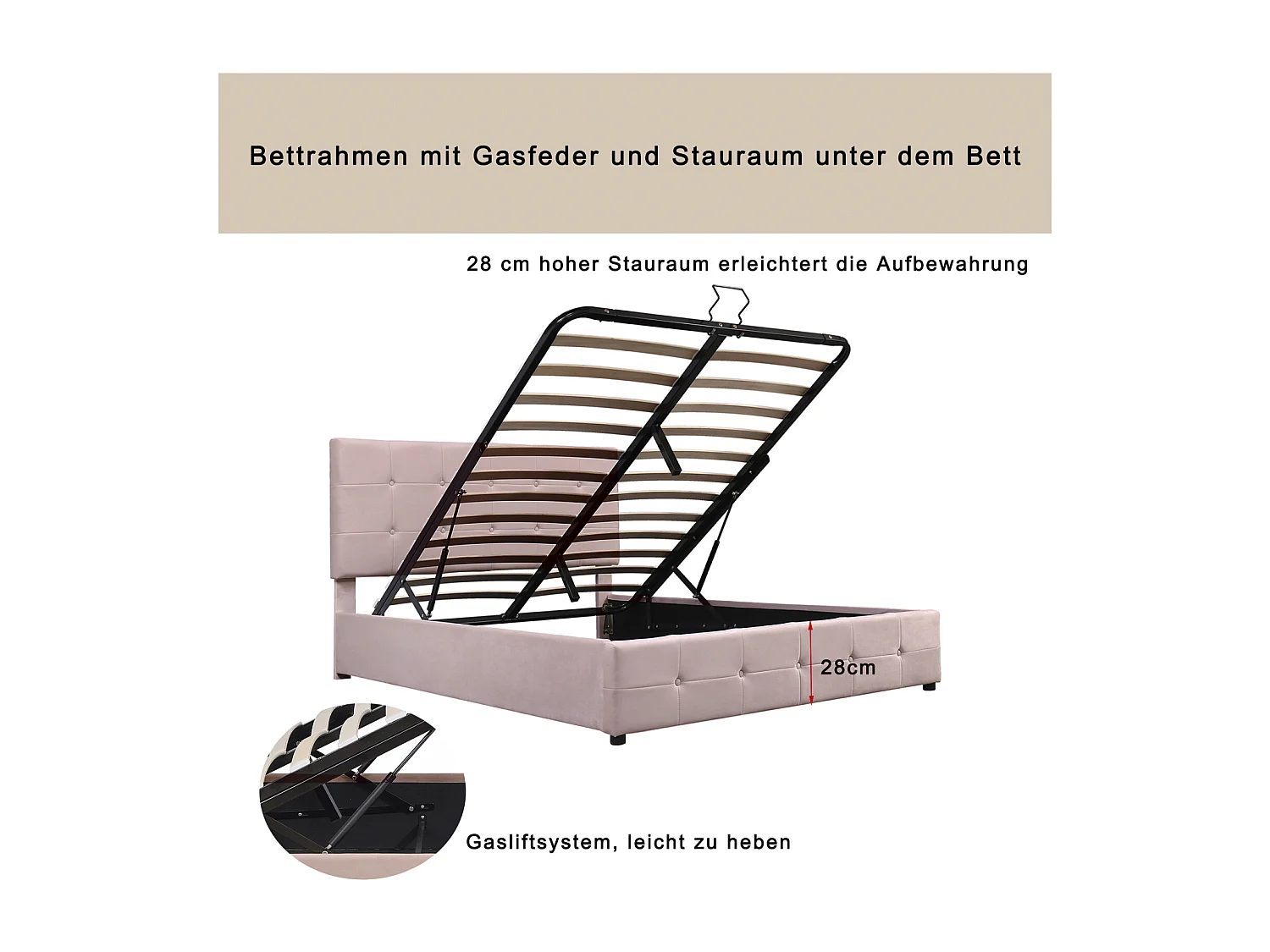 Tweepersoonsbed met opbergruimte 140x200 cm - met kantelbaar hoofdeinde, metalen frame, lattenbodem, fluwelen gestoffeerd bed - Beige