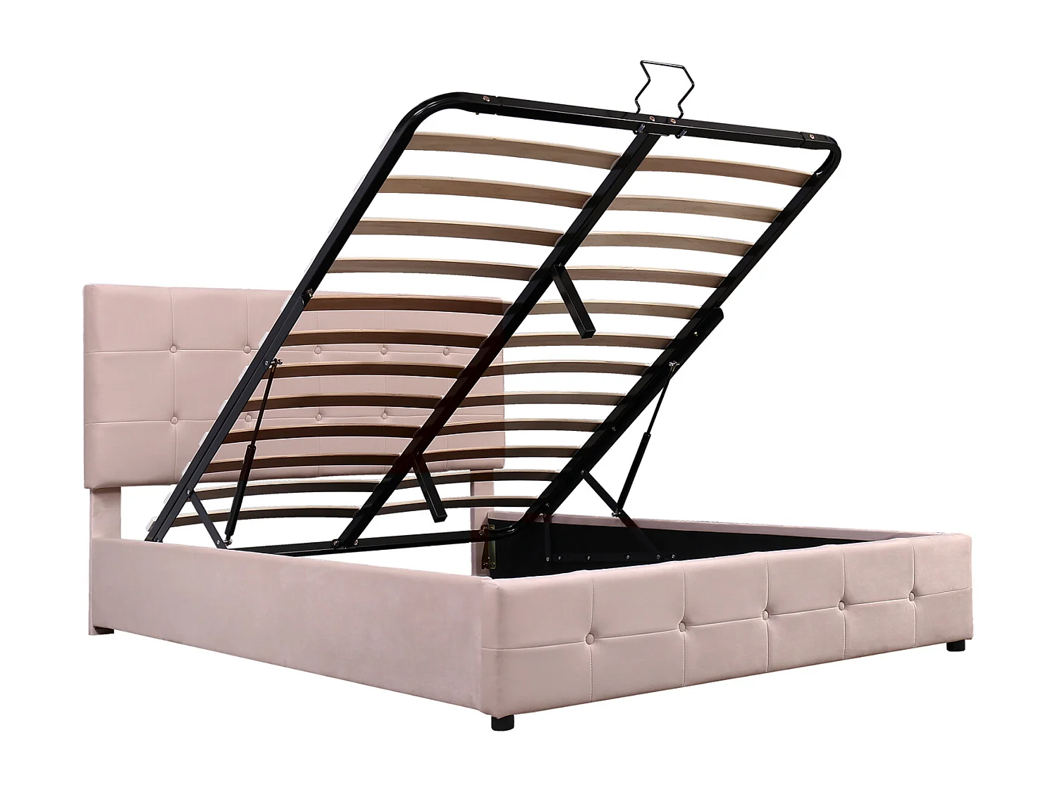 Tweepersoonsbed met opbergruimte 140x200 cm - met kantelbaar hoofdeinde, metalen frame, lattenbodem, fluwelen gestoffeerd bed - Beige