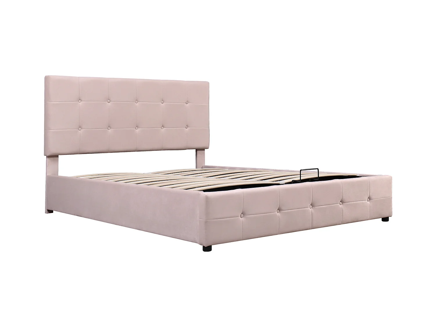 Lit coffre double 140x200 cm - avec tête de lit inclinable, structure métallique, sommier à lattes, lit capitonné velours - Beige