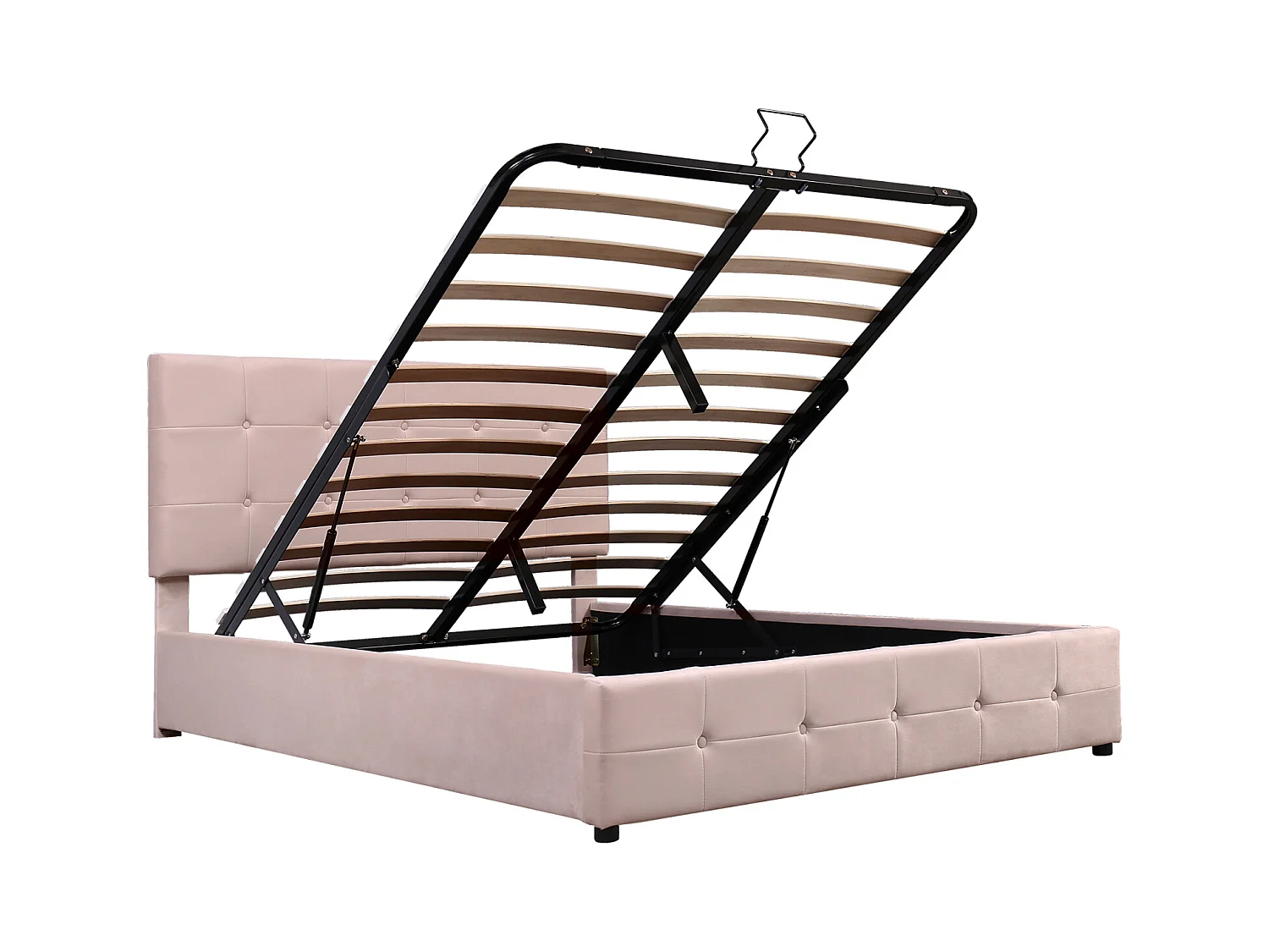 Lit coffre double 140x200 cm - avec tête de lit inclinable, structure métallique, sommier à lattes, lit capitonné velours - Beige
