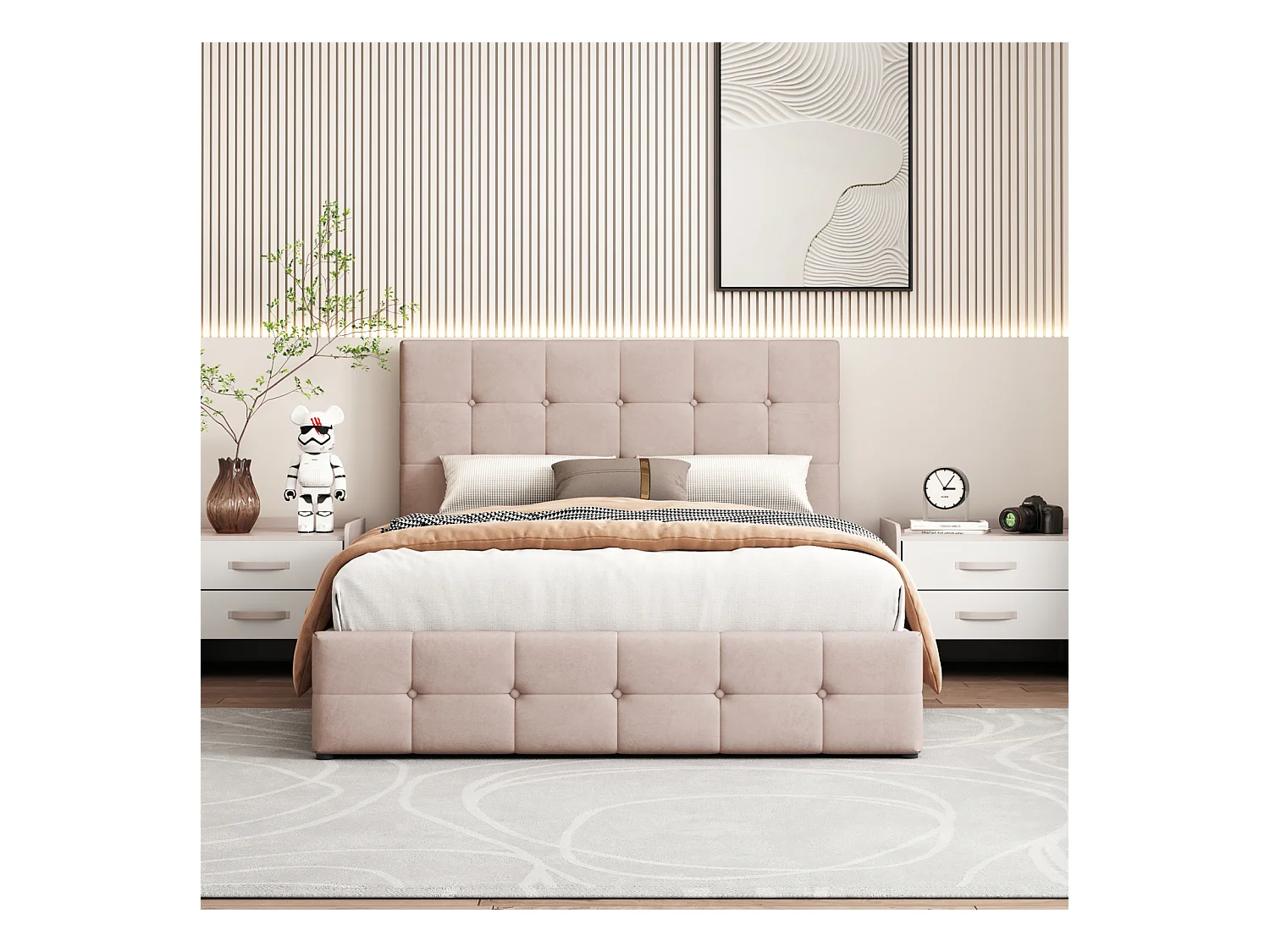 Lit coffre double 140x200 cm - avec tête de lit inclinable, structure métallique, sommier à lattes, lit capitonné velours - Beige