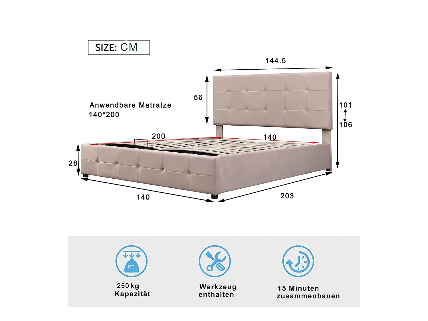 Lit coffre double 140x200 cm - avec tête de lit inclinable, structure métallique, sommier à lattes, lit capitonné velours - Beige
