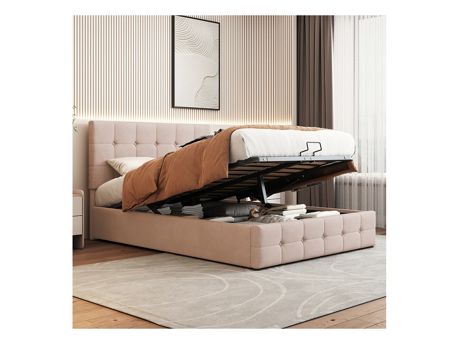 Lit coffre double 140x200 cm - avec tête de lit inclinable, structure métallique, sommier à lattes, lit capitonné velours - Beige