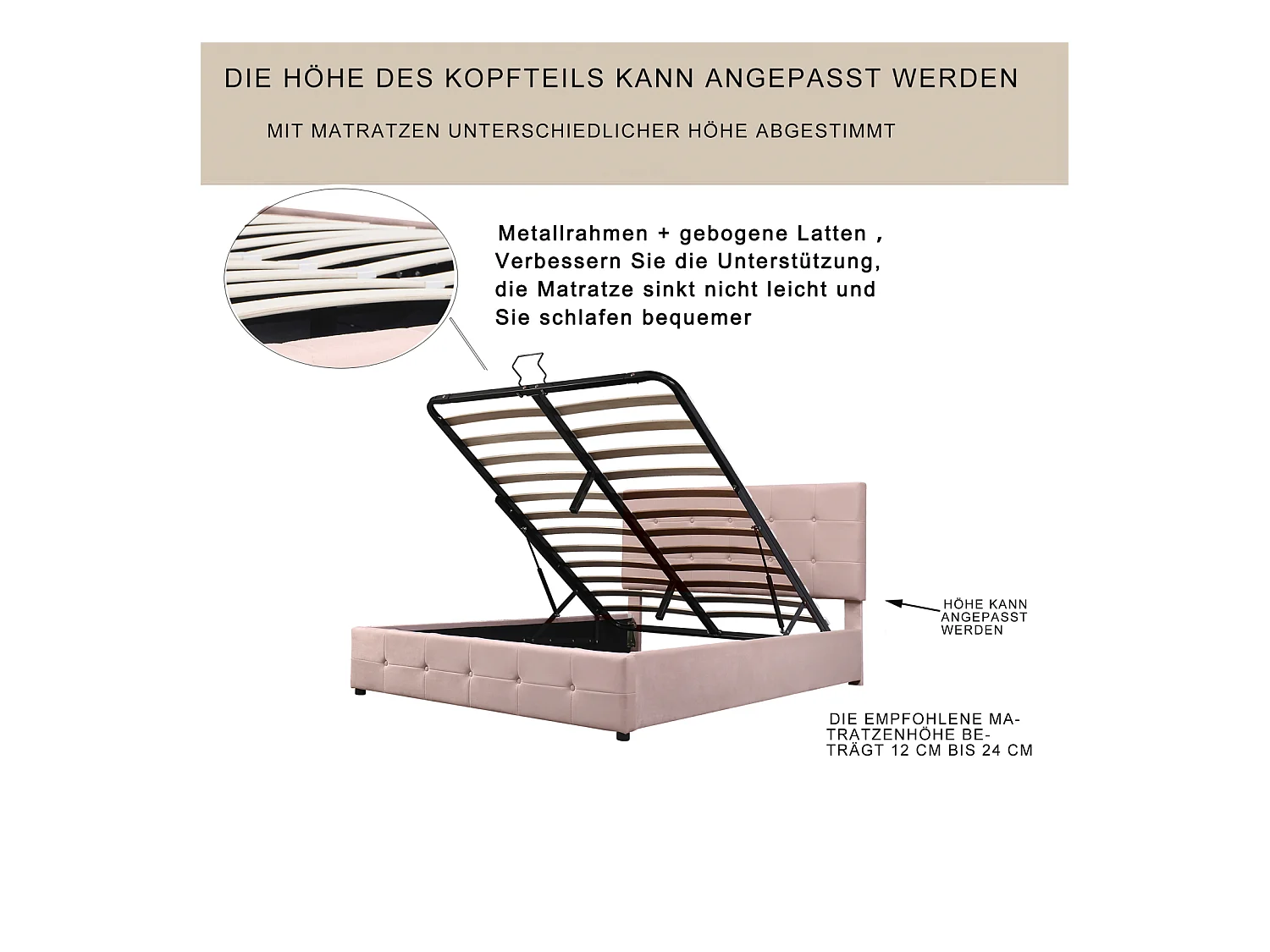 Lit coffre double 140x200 cm - avec tête de lit inclinable, structure métallique, sommier à lattes, lit capitonné velours - Beige