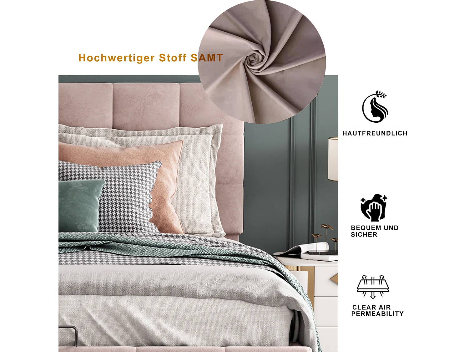 Lit coffre double 140x200 cm - avec tête de lit inclinable, structure métallique, sommier à lattes, lit capitonné velours - Beige