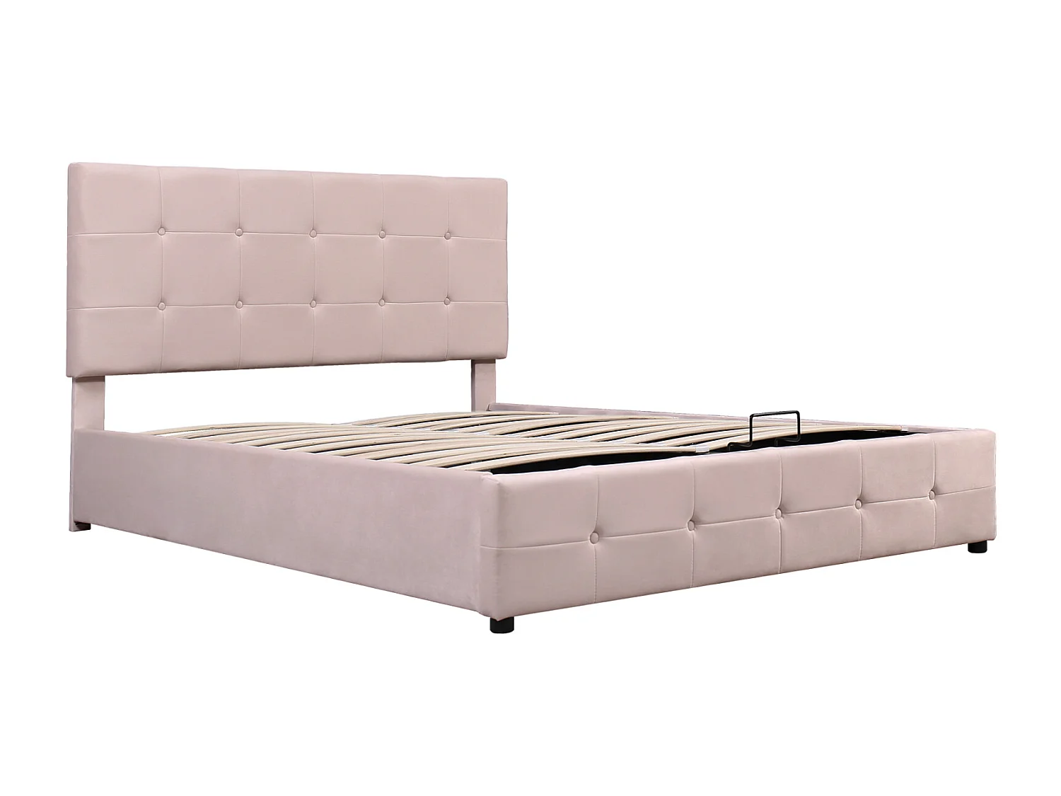 Lit coffre double 140x200 cm - avec tête de lit inclinable, structure métallique, sommier à lattes, lit capitonné velours - Beige